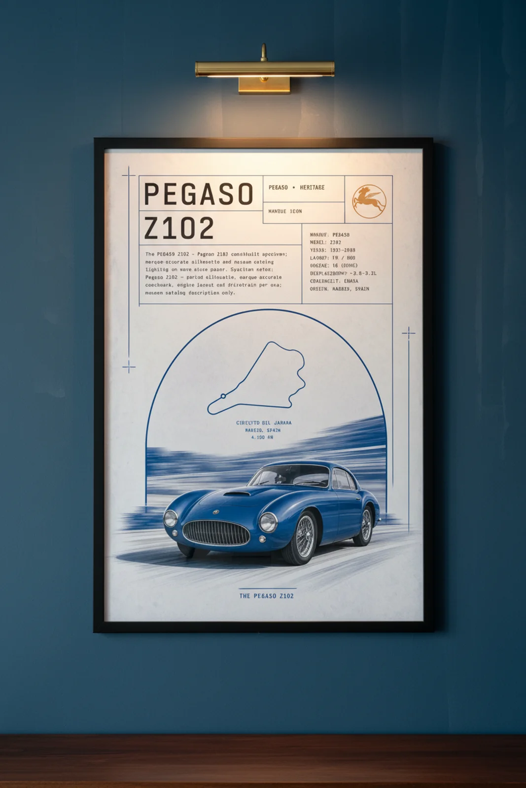 Pegaso Z-102 poster in black A2 frame on blue-z102 lime-wash wall — Heritage Icons collector lounge mockup