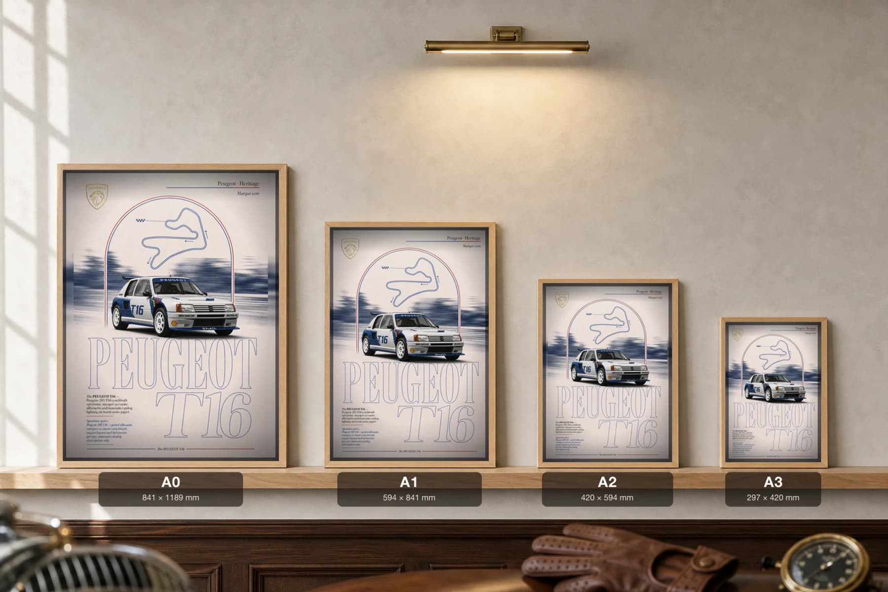 Peugeot 205 T16 Poster — 1984 Group B rally car wall art · framed A2 · garage decor — print size guide showing the artwork at A0, A1, A2 and A3 in natural-oak frames at true relative scale