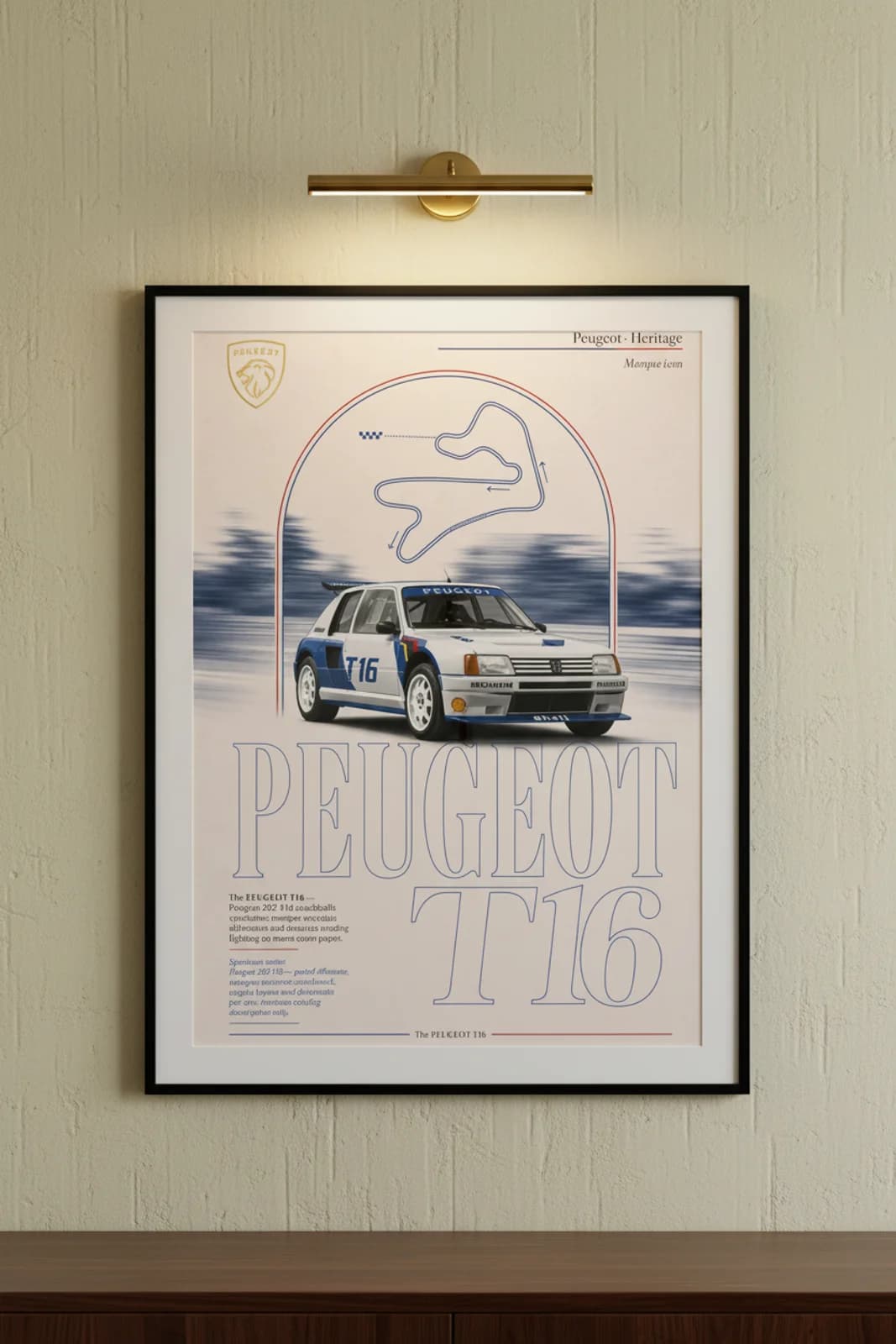 Peugeot 205 T16 poster in black A2 frame on white-blue-205-livery lime-wash wall — Heritage Icons collector lounge mockup