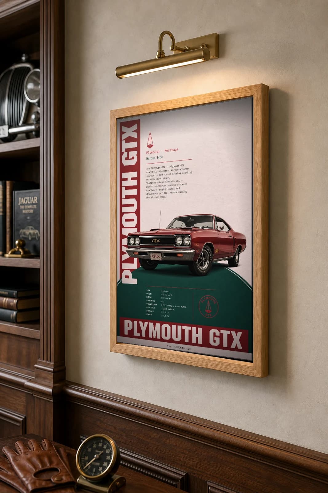 Plymouth GTX Poster — 1968 Mopar muscle car wall art · framed A2 · garage decor — the framed print shown at a three-quarter angle on a styled gallery wall in a natural-oak frame