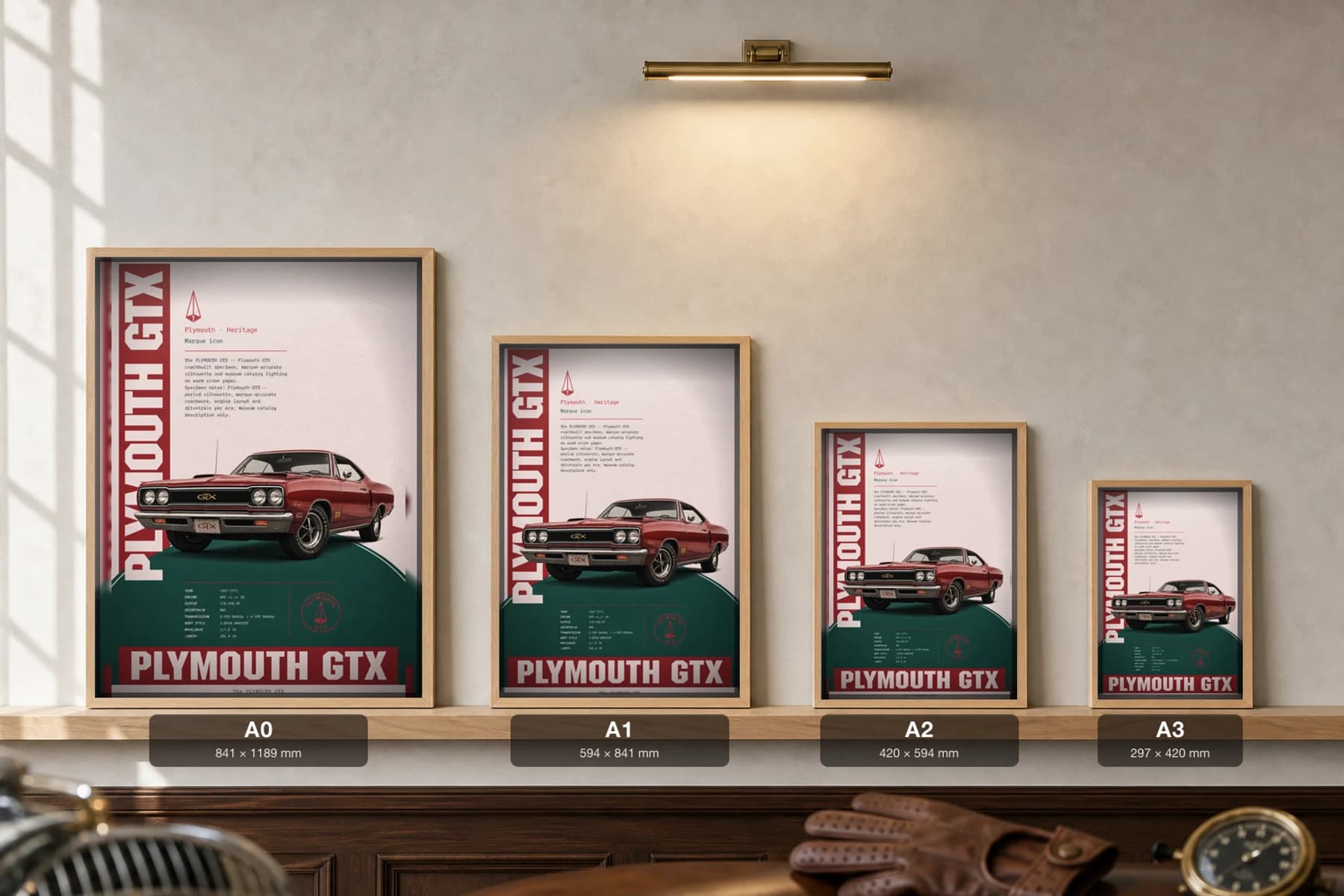 Plymouth GTX Poster — 1968 Mopar muscle car wall art · framed A2 · garage decor — print size guide showing the artwork at A0, A1, A2 and A3 in natural-oak frames at true relative scale