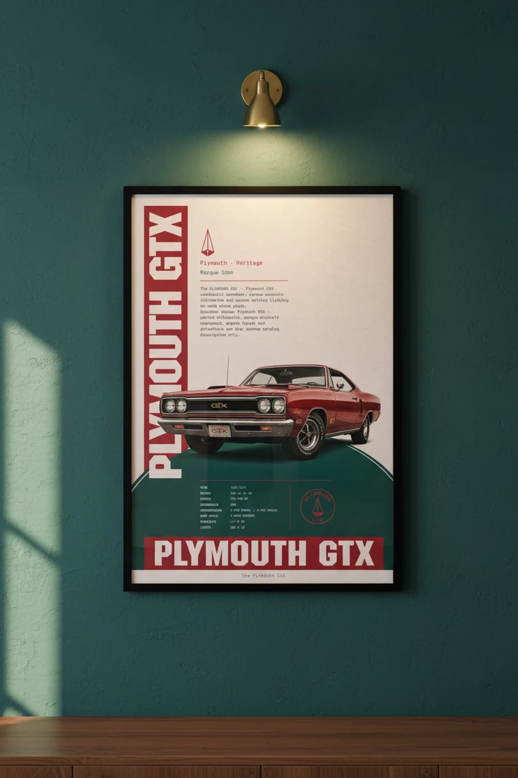 Plymouth GTX poster in black A2 frame on teal-circle-base lime-wash wall — Heritage Icons collector lounge mockup