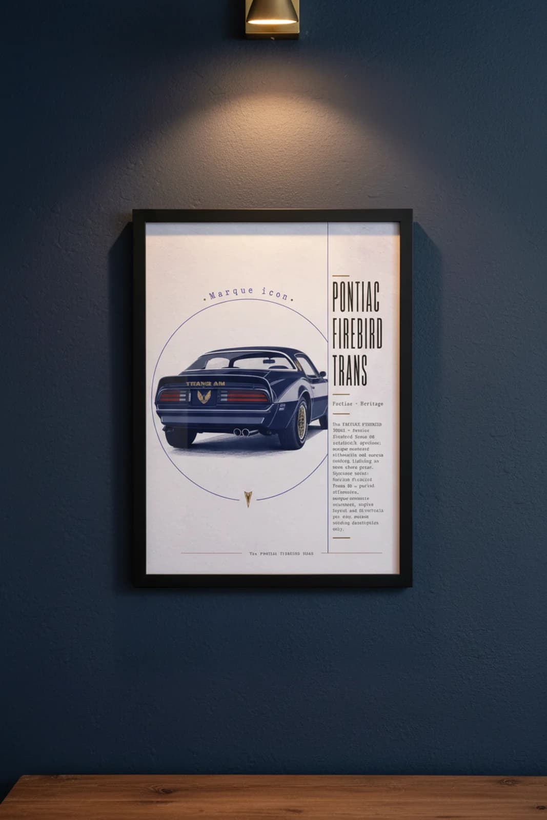 Pontiac Firebird Trans Am poster in black A2 frame on navy-blue-trans-am lime-wash wall — Heritage Icons collector lounge mockup