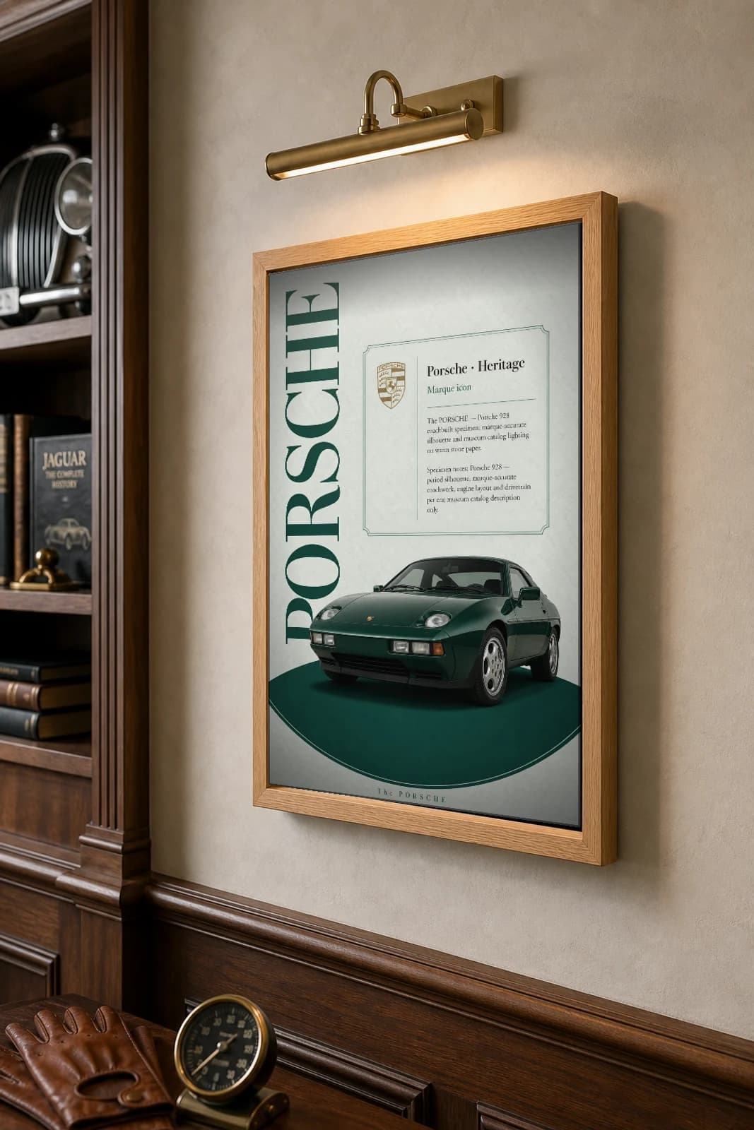 Porsche 928 Poster — 1978 grand touring wall art · framed A2 · study decor — the framed print shown at a three-quarter angle on a styled gallery wall in a natural-oak frame