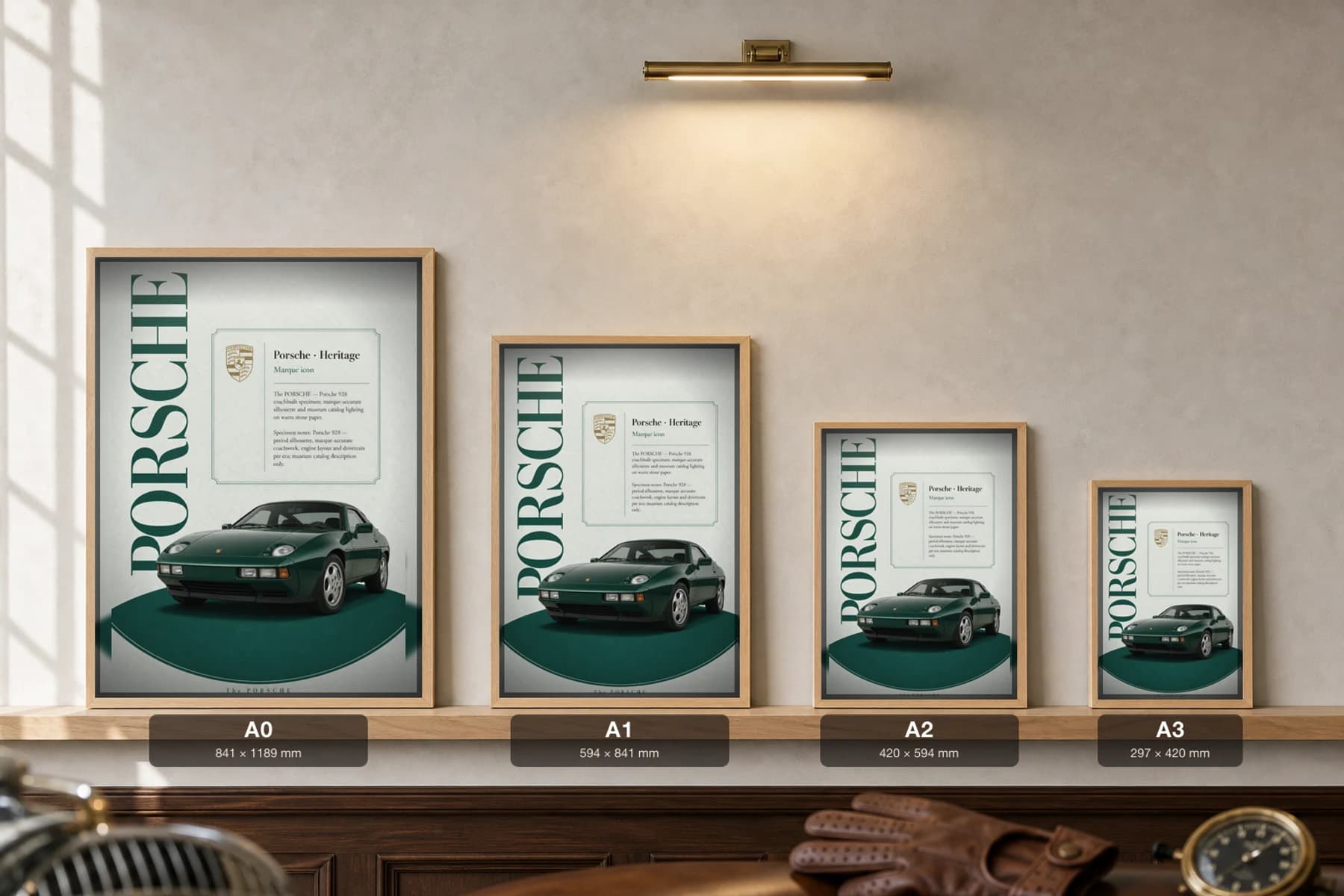 Porsche 928 Poster — 1978 grand touring wall art · framed A2 · study decor — print size guide showing the artwork at A0, A1, A2 and A3 in natural-oak frames at true relative scale