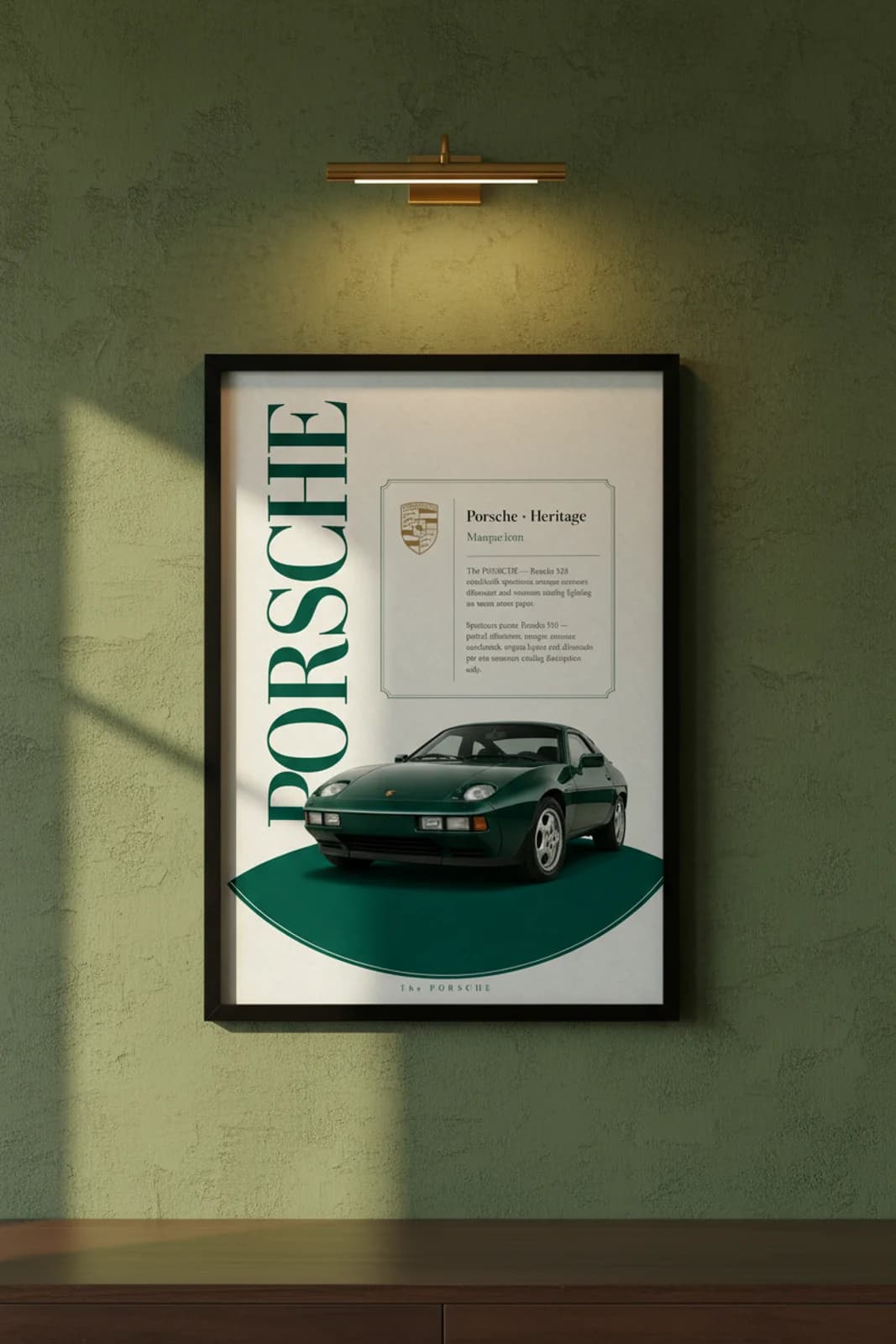 Porsche 928 poster in black A2 frame on british-racing-green-928 lime-wash wall — Heritage Icons collector lounge mockup