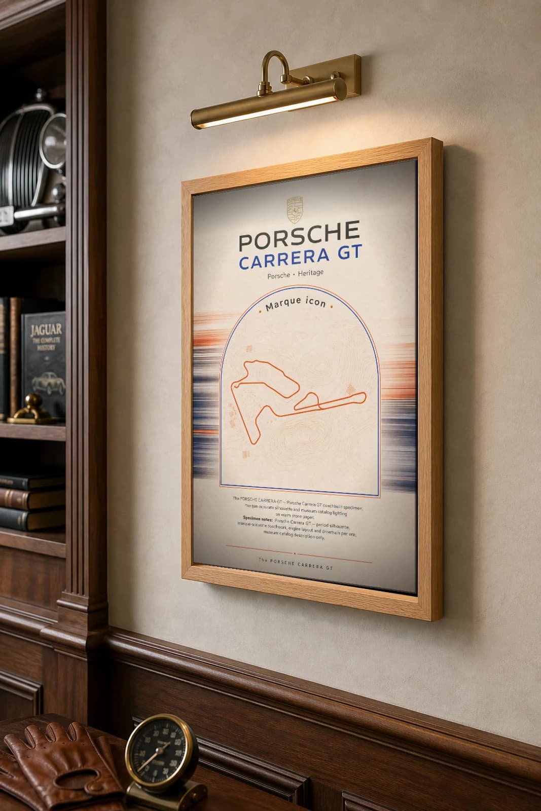 Porsche Carrera GT Poster — 2004 supercar wall art · framed A2 · collector study decor — the framed print shown at a three-quarter angle on a styled gallery wall in a natural-oak frame