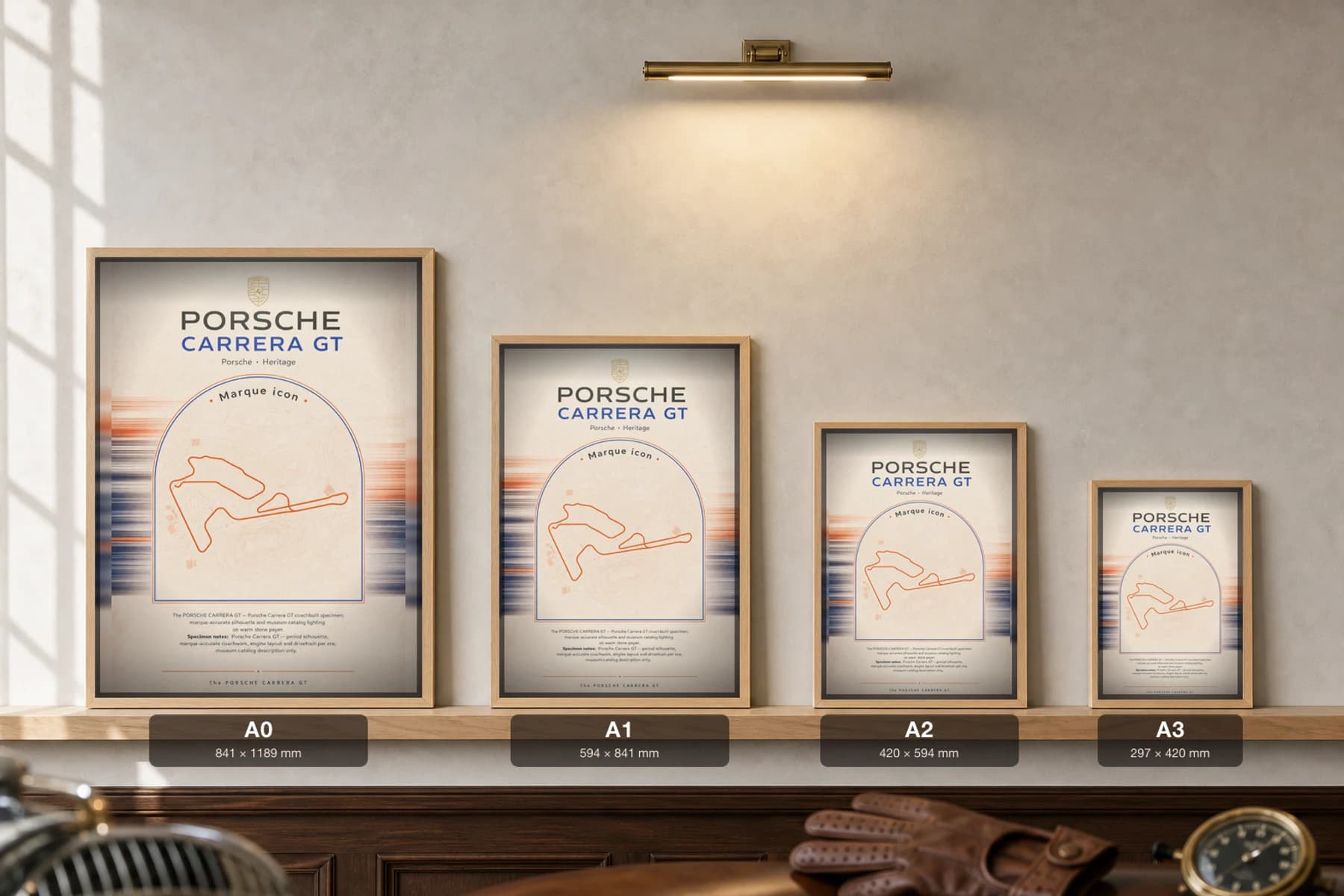 Porsche Carrera GT Poster — 2004 supercar wall art · framed A2 · collector study decor — print size guide showing the artwork at A0, A1, A2 and A3 in natural-oak frames at true relative scale