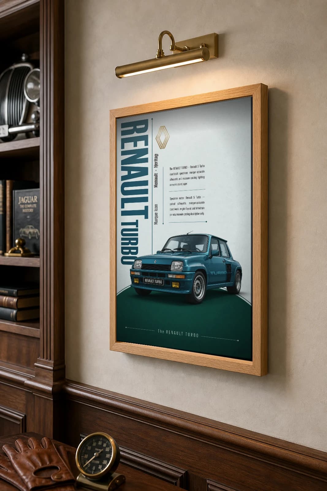 Renault 5 Turbo Poster — 1980 hot hatch rally wall art · framed A2 · garage decor — the framed print shown at a three-quarter angle on a styled gallery wall in a natural-oak frame