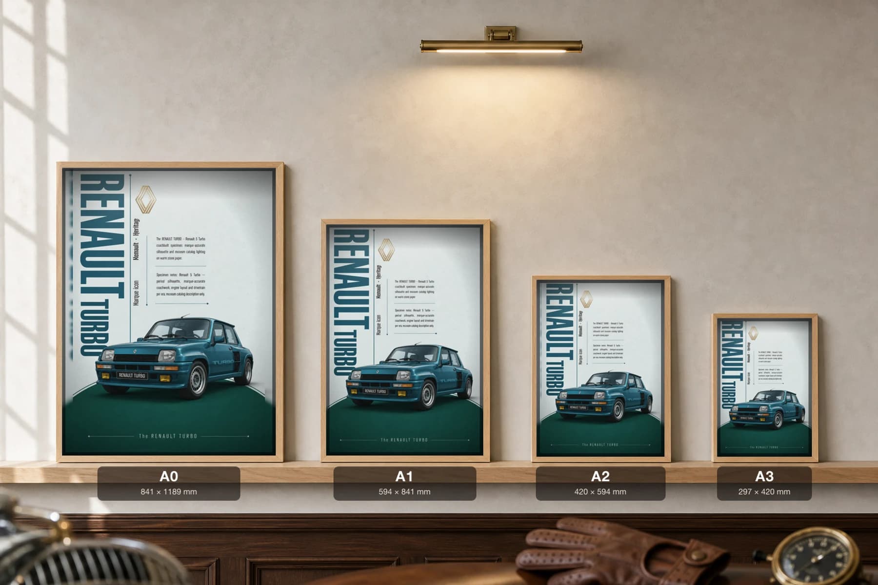 Renault 5 Turbo Poster — 1980 hot hatch rally wall art · framed A2 · garage decor — print size guide showing the artwork at A0, A1, A2 and A3 in natural-oak frames at true relative scale
