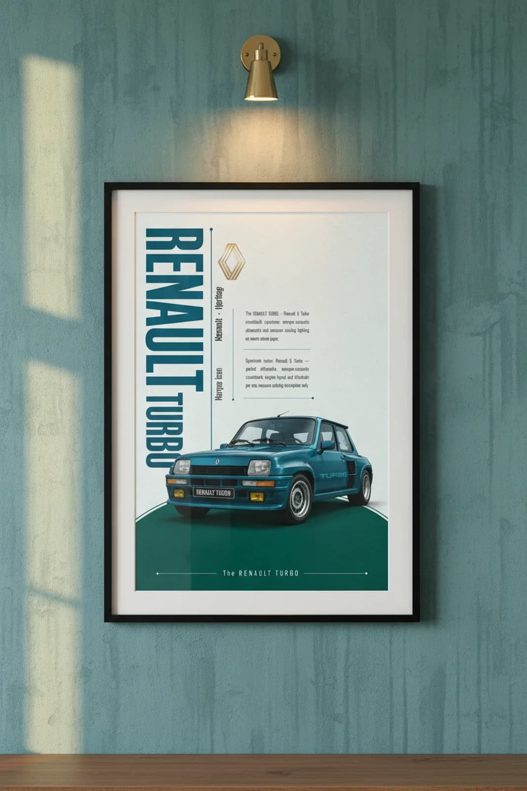 Renault 5 Turbo poster in black A2 frame on metallic-teal-blue-body lime-wash wall — Heritage Icons collector lounge mockup