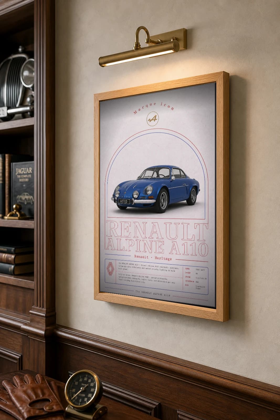 Renault Alpine A110 Poster — 1973 French sports car wall art · framed A2 · collector study decor — the framed print shown at a three-quarter angle on a styled gallery wall in a natural-oak frame