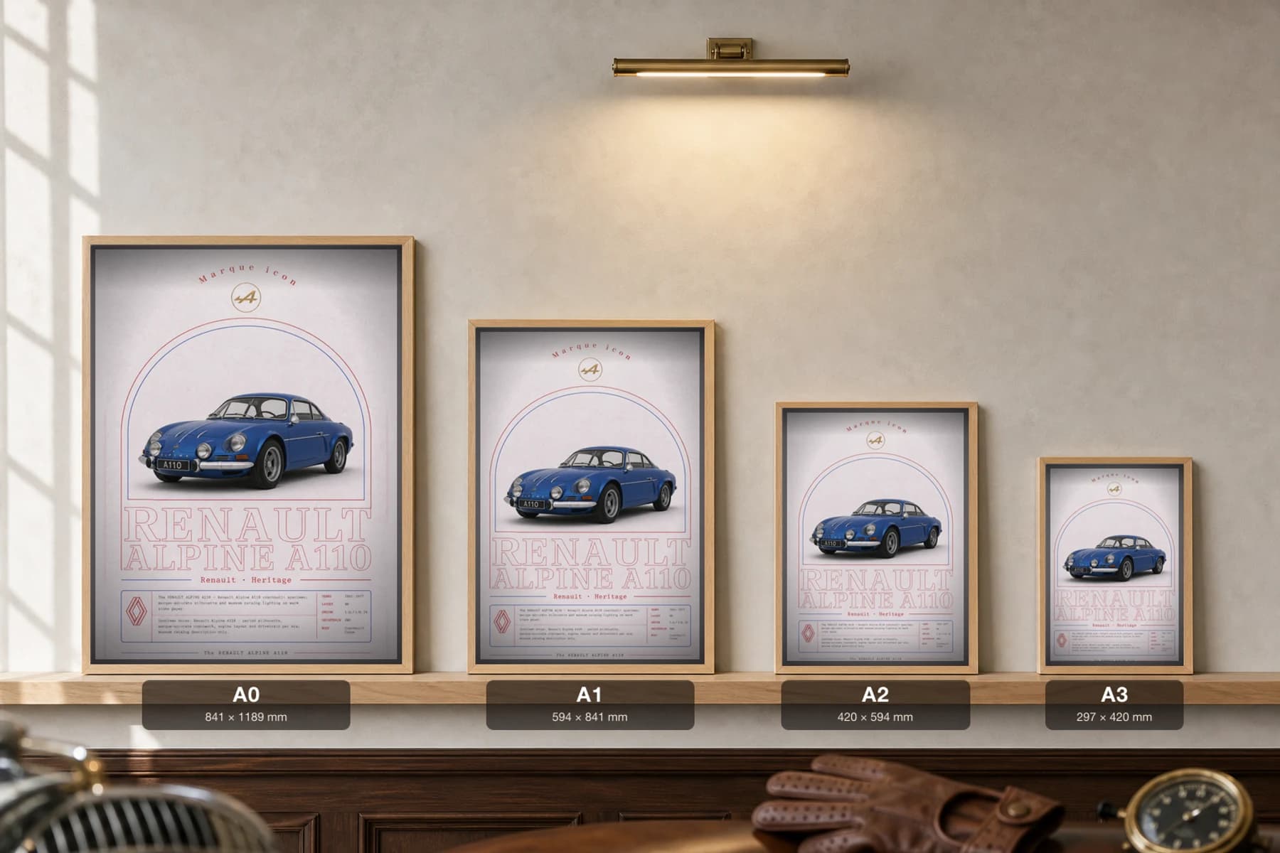 Renault Alpine A110 Poster — 1973 French sports car wall art · framed A2 · collector study decor — print size guide showing the artwork at A0, A1, A2 and A3 in natural-oak frames at true relative scale