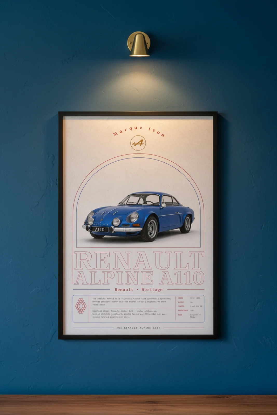 Renault Alpine A110 poster in black A2 frame on vivid-blue-a110 lime-wash wall — Heritage Icons collector lounge mockup