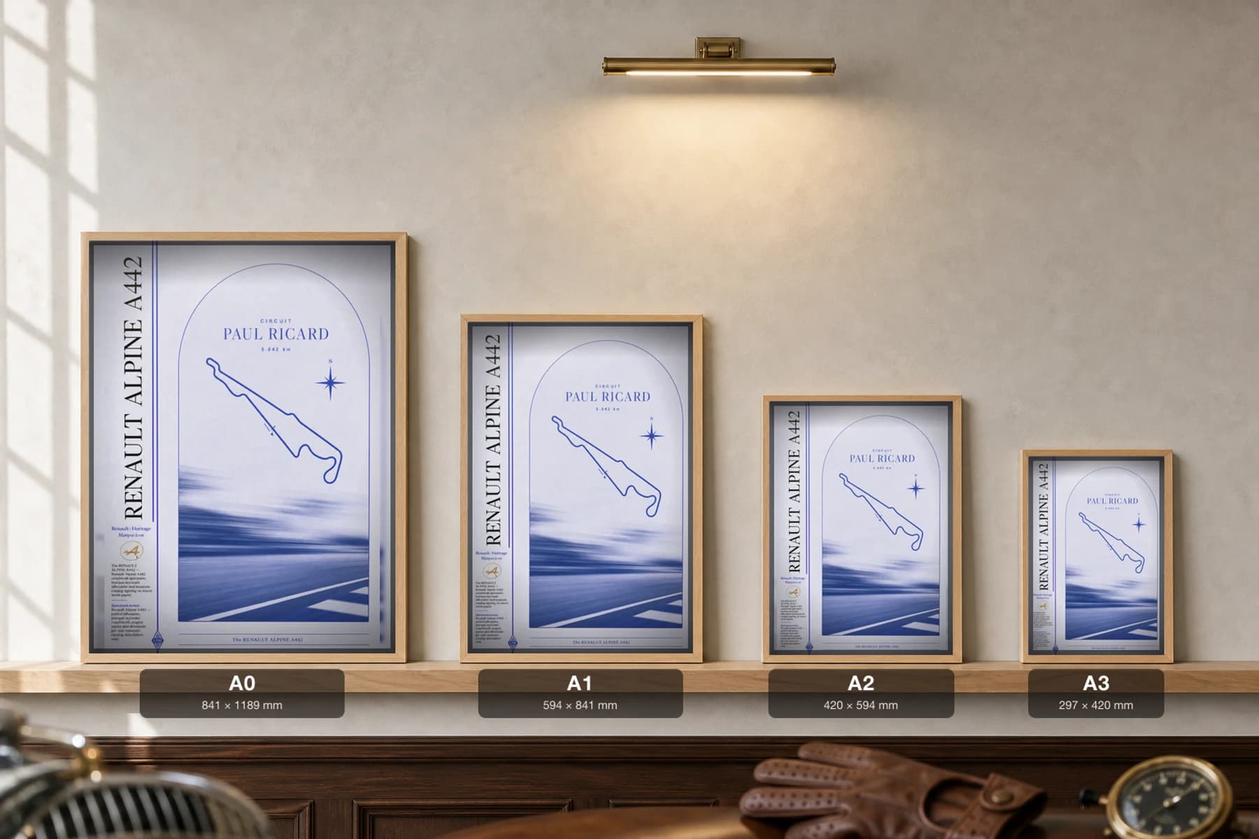 Renault Alpine A442 Poster — 1978 classic car wall art · framed A2 · garage decor — print size guide showing the artwork at A0, A1, A2 and A3 in natural-oak frames at true relative scale