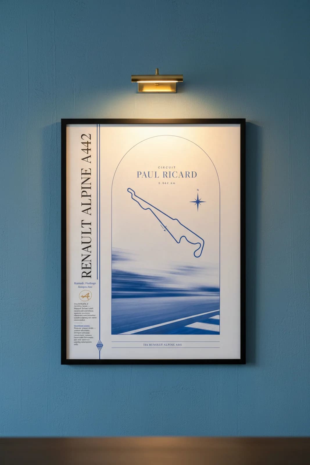 A442 poster in black A2 frame on alpine-blue lime-wash wall — Heritage Icons collector lounge mockup