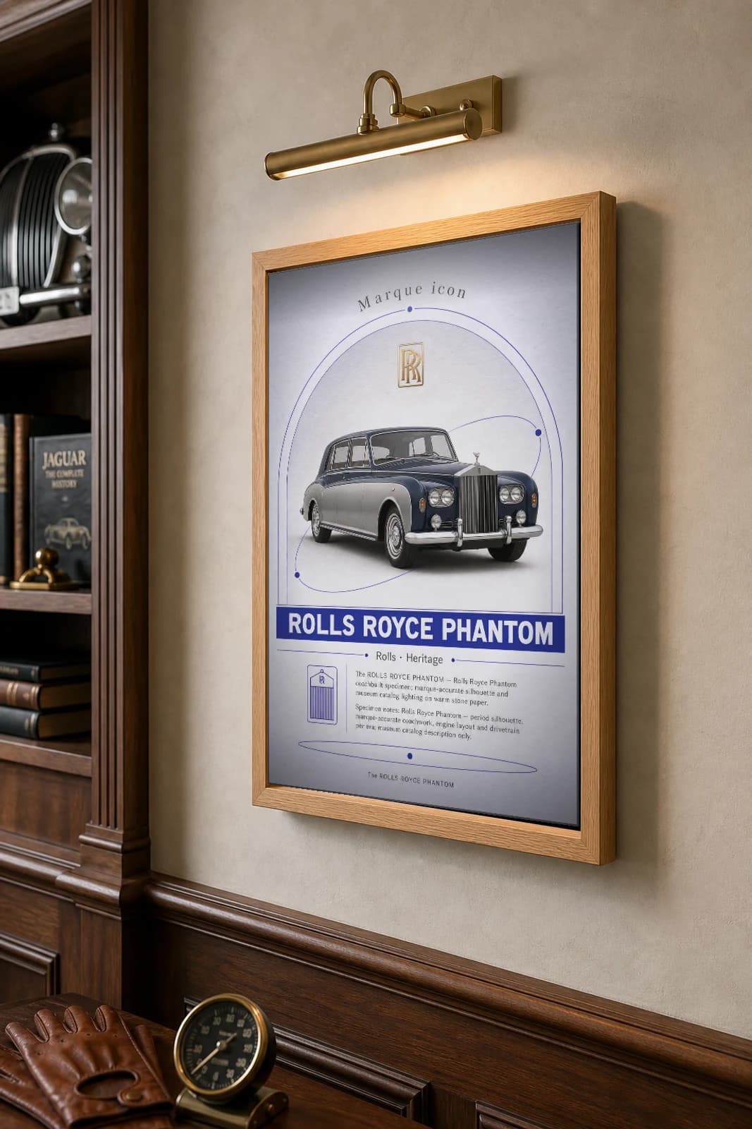 Rolls-Royce Phantom Poster — 1959 classic car wall art · framed A2 · garage decor — the framed print shown at a three-quarter angle on a styled gallery wall in a natural-oak frame