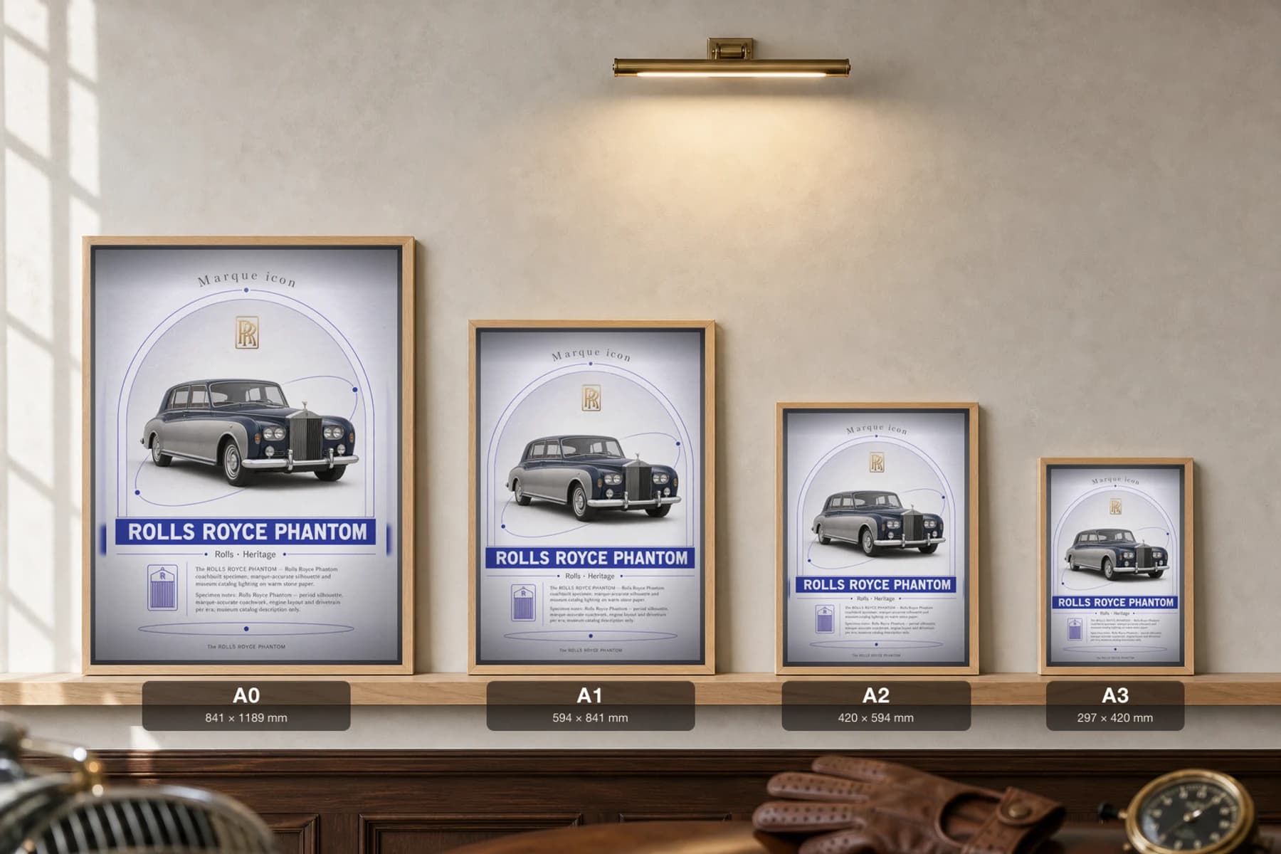 Rolls-Royce Phantom Poster — 1959 classic car wall art · framed A2 · garage decor — print size guide showing the artwork at A0, A1, A2 and A3 in natural-oak frames at true relative scale
