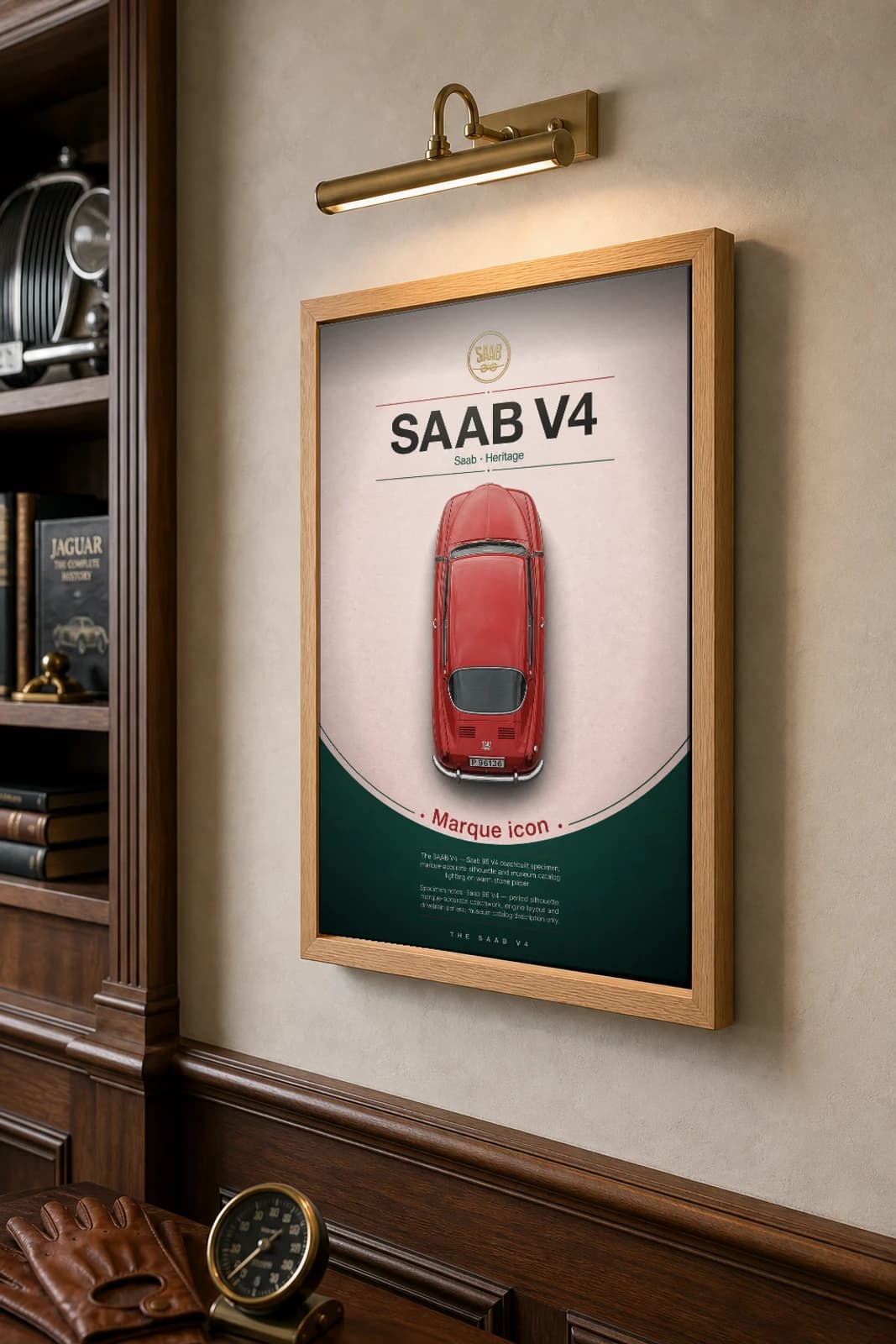 Saab 96 V4 Poster — 1967 classic car wall art · framed A2 · garage decor — the framed print shown at a three-quarter angle on a styled gallery wall in a natural-oak frame