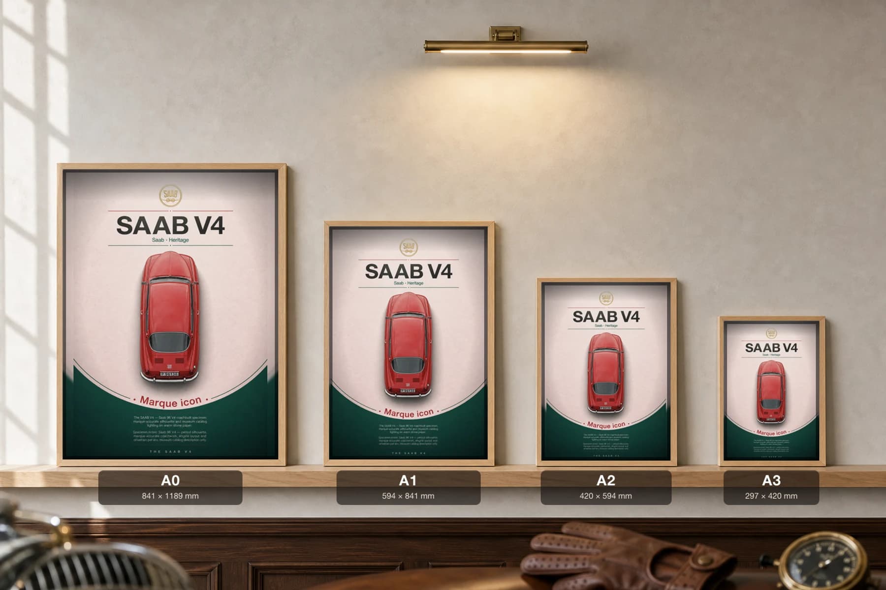 Saab 96 V4 Poster — 1967 classic car wall art · framed A2 · garage decor — print size guide showing the artwork at A0, A1, A2 and A3 in natural-oak frames at true relative scale