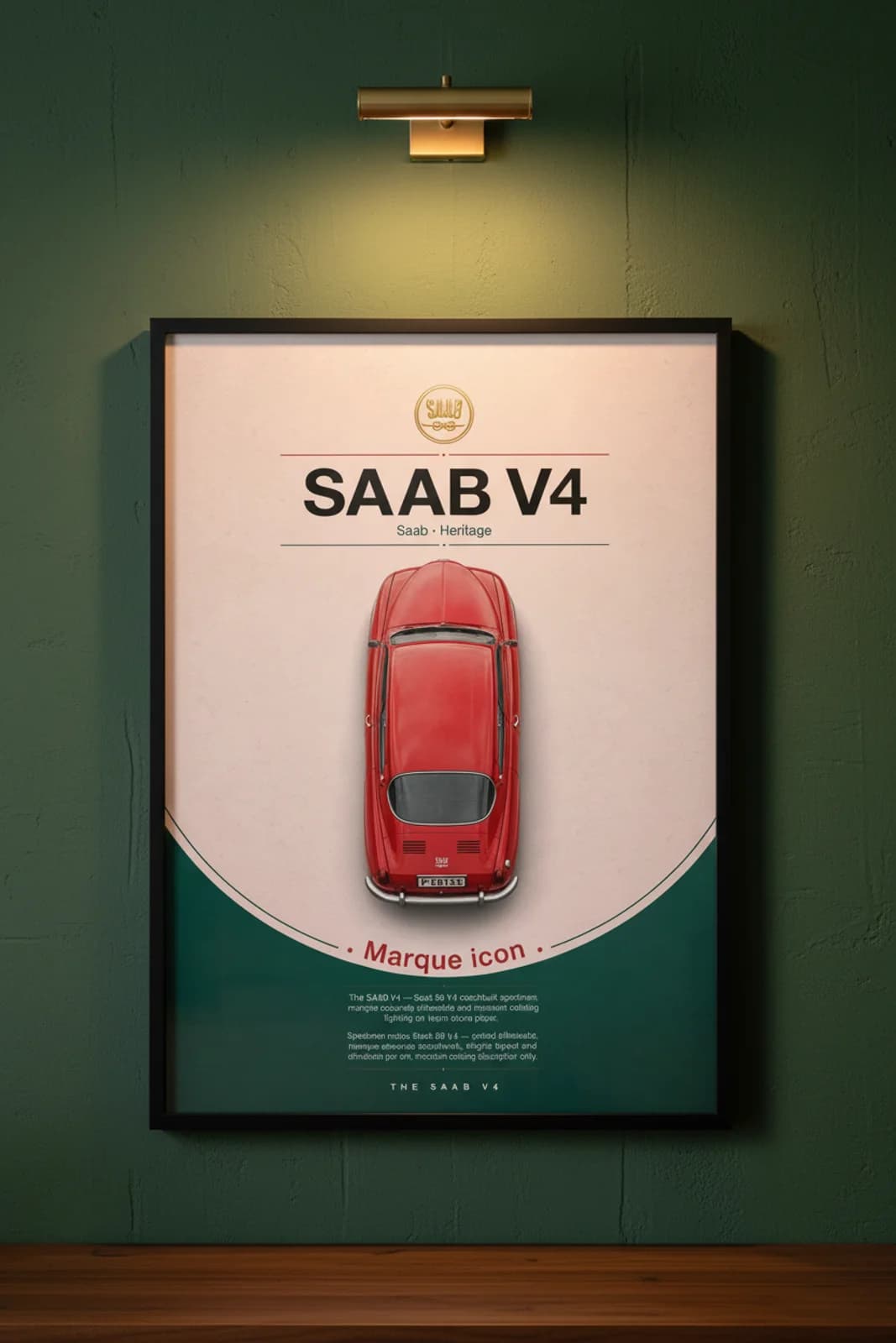 96 V4 poster in black A2 frame on british-racing-green lime-wash wall — Heritage Icons collector lounge mockup
