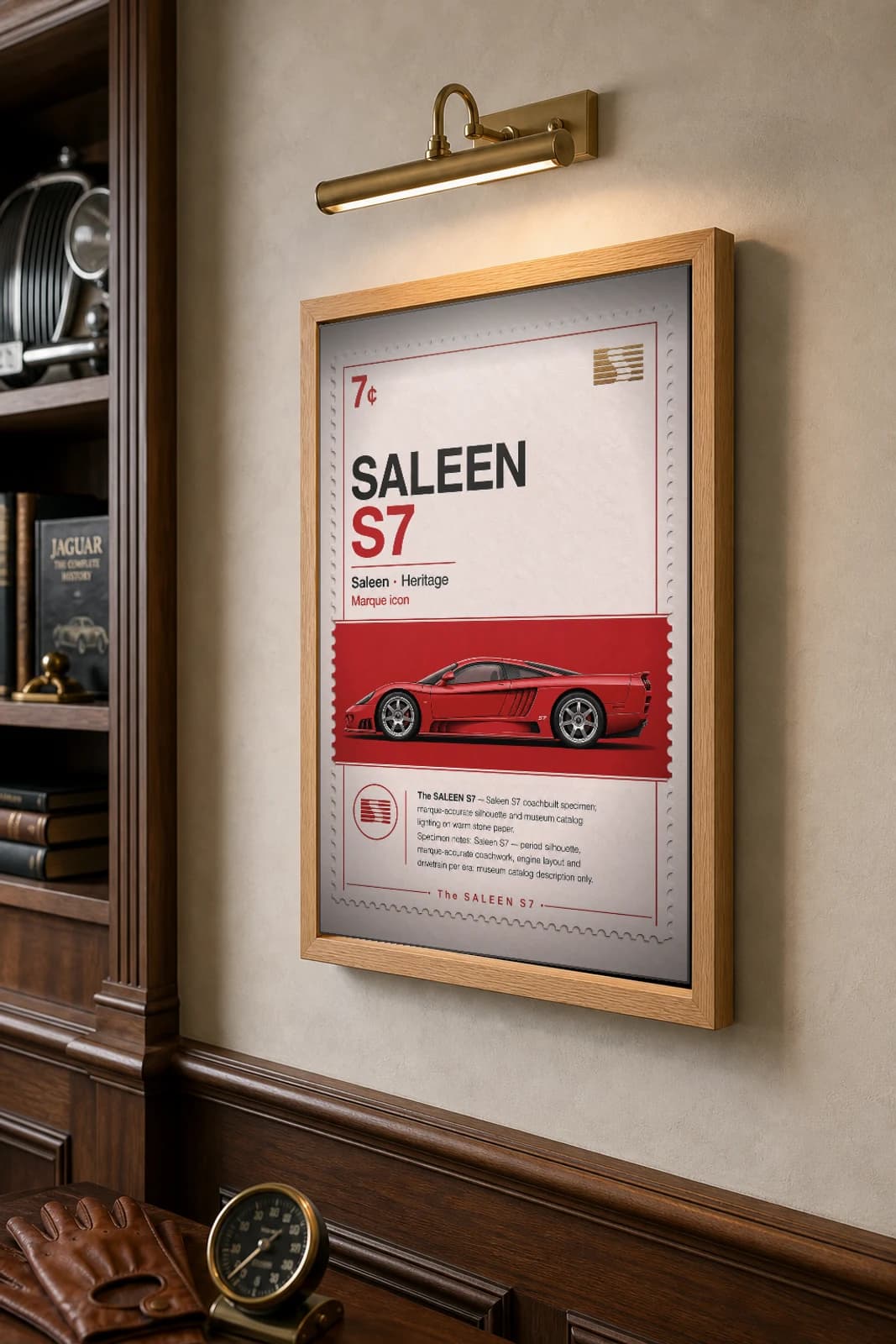 Saleen S7 Poster — 2000 supercar wall art · framed A2 · garage decor — the framed print shown at a three-quarter angle on a styled gallery wall in a natural-oak frame