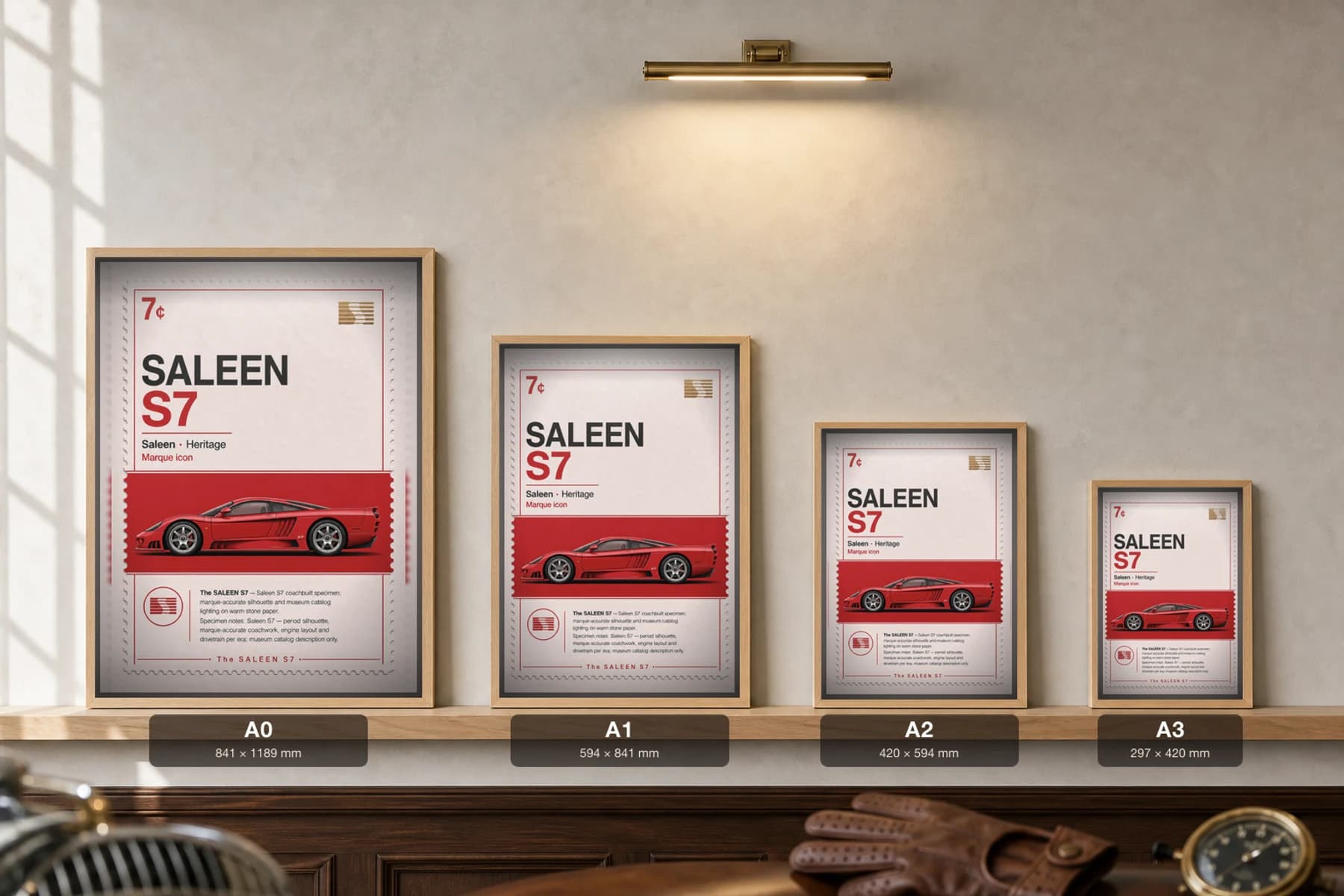 Saleen S7 Poster — 2000 supercar wall art · framed A2 · garage decor — print size guide showing the artwork at A0, A1, A2 and A3 in natural-oak frames at true relative scale