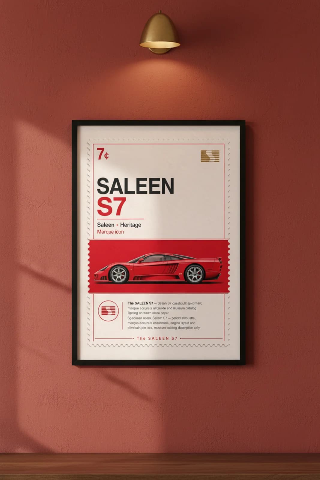 S7 poster in black A2 frame on rosso-red lime-wash wall — Heritage Icons collector lounge mockup