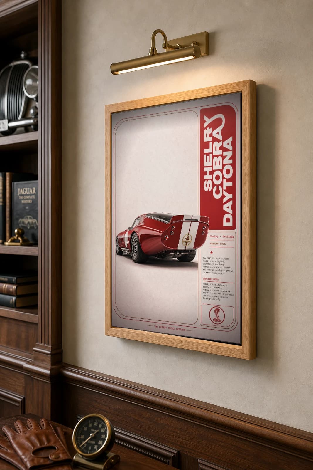 Shelby Cobra Daytona Coupe Poster — 1964 race car wall art · framed A2 · garage decor — the framed print shown at a three-quarter angle on a styled gallery wall in a natural-oak frame