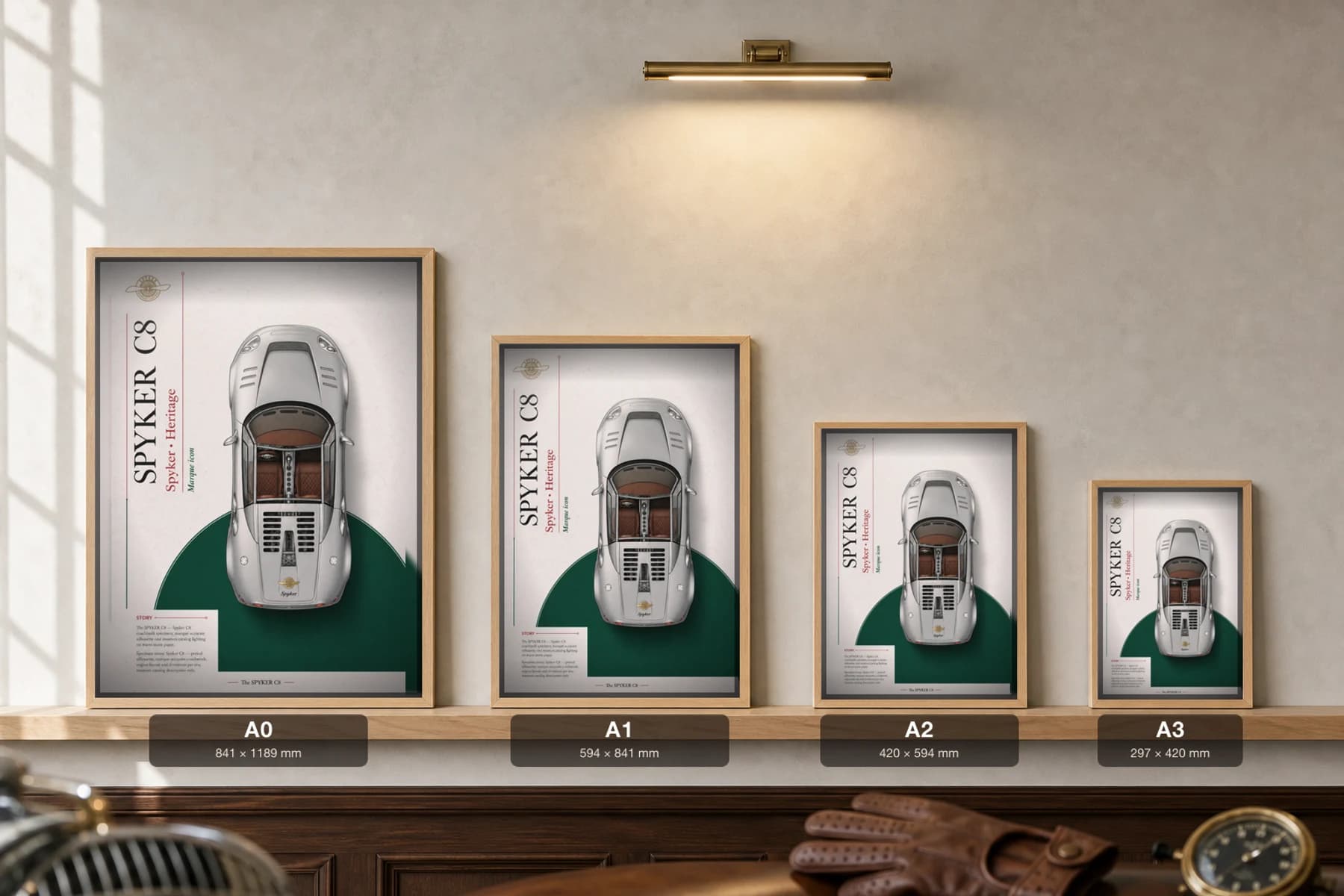 Spyker C8 Poster — 2000 supercar wall art · framed A2 · garage decor — print size guide showing the artwork at A0, A1, A2 and A3 in natural-oak frames at true relative scale