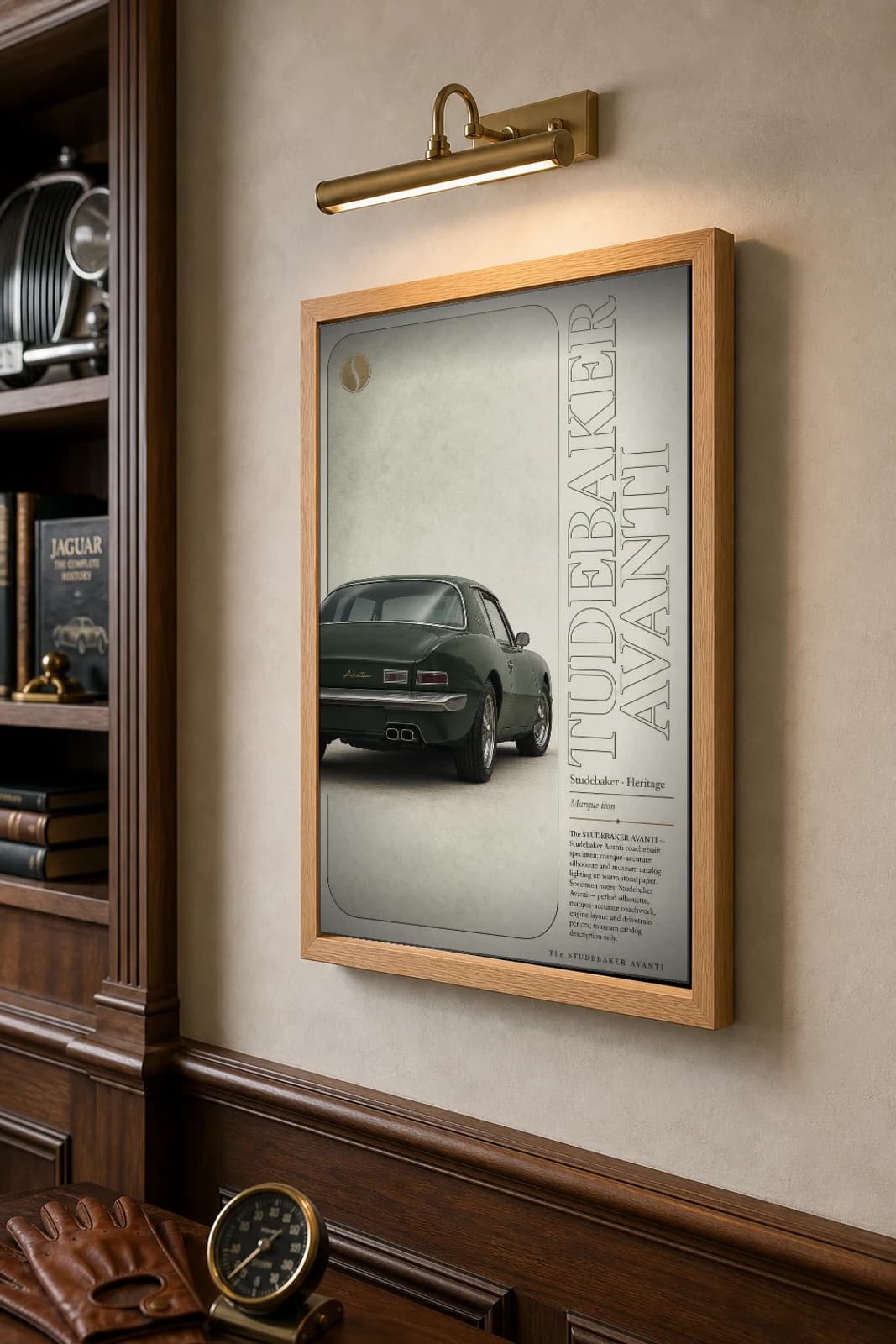 Studebaker Avanti Poster — 1962 classic car wall art · framed A2 · garage decor — the framed print shown at a three-quarter angle on a styled gallery wall in a natural-oak frame