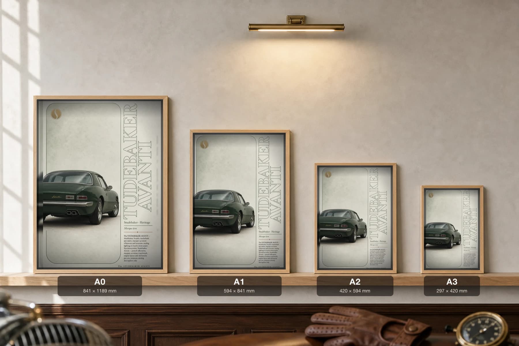 Studebaker Avanti Poster — 1962 classic car wall art · framed A2 · garage decor — print size guide showing the artwork at A0, A1, A2 and A3 in natural-oak frames at true relative scale