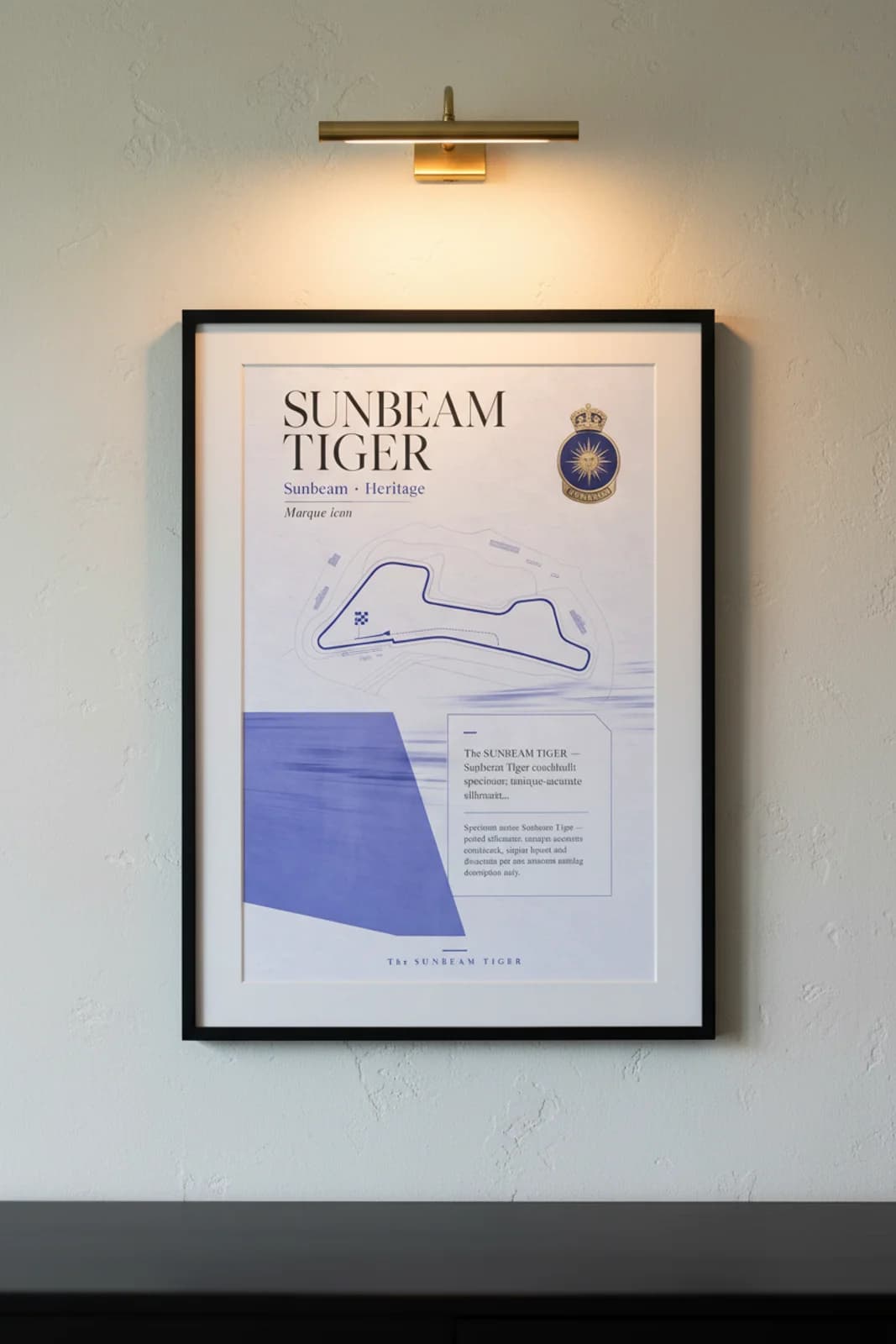 Sunbeam Tiger poster in black A2 frame on track-map-blue lime-wash wall — Heritage Icons collector lounge mockup