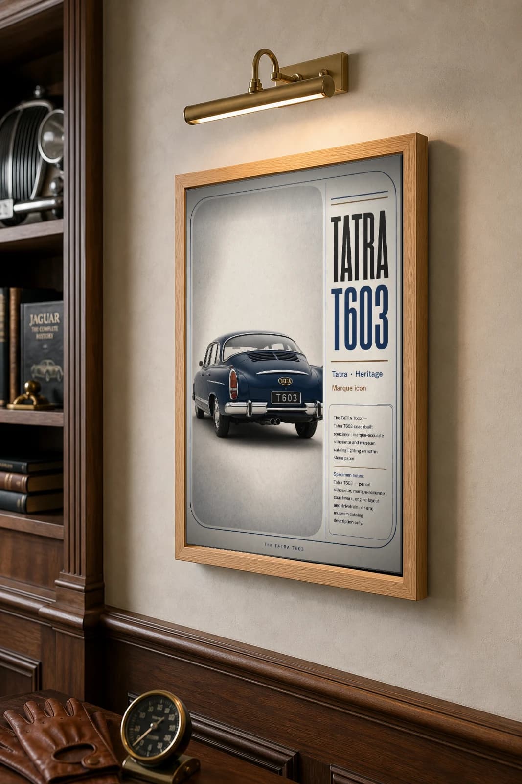 Tatra T603 Poster — 1955 classic car wall art · framed A2 · garage decor — the framed print shown at a three-quarter angle on a styled gallery wall in a natural-oak frame
