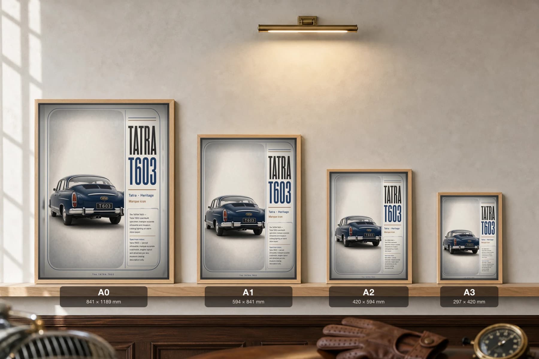 Tatra T603 Poster — 1955 classic car wall art · framed A2 · garage decor — print size guide showing the artwork at A0, A1, A2 and A3 in natural-oak frames at true relative scale