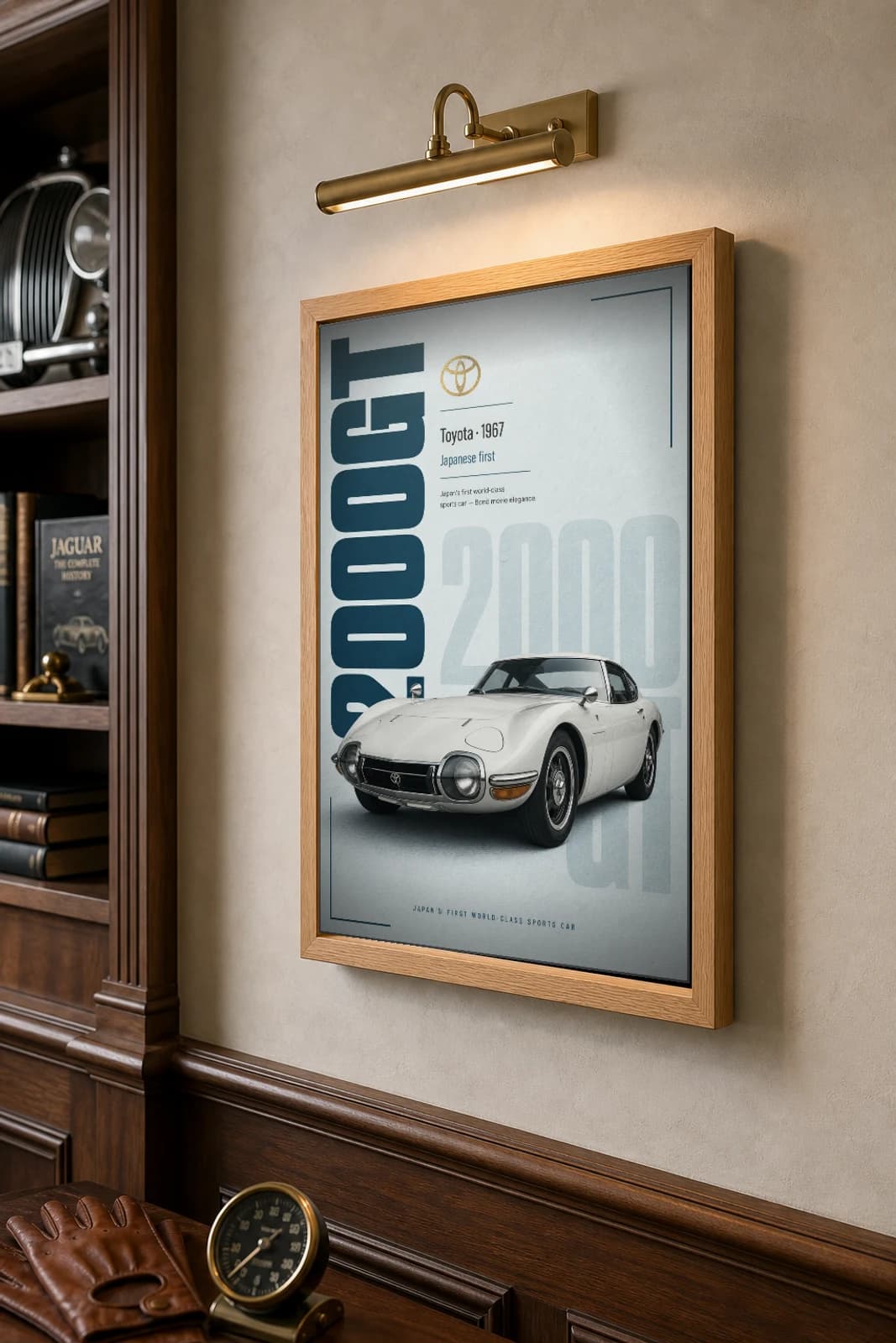 Toyota 2000GT Poster — 1967 sports car wall art · framed A2 · garage decor — the framed print shown at a three-quarter angle on a styled gallery wall in a natural-oak frame