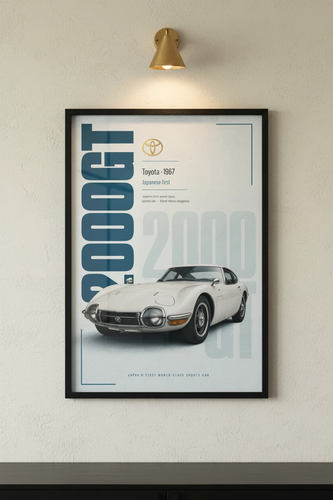 2000GT poster in black A2 frame on white-2000gt-hero lime-wash wall — Heritage Icons collector lounge mockup