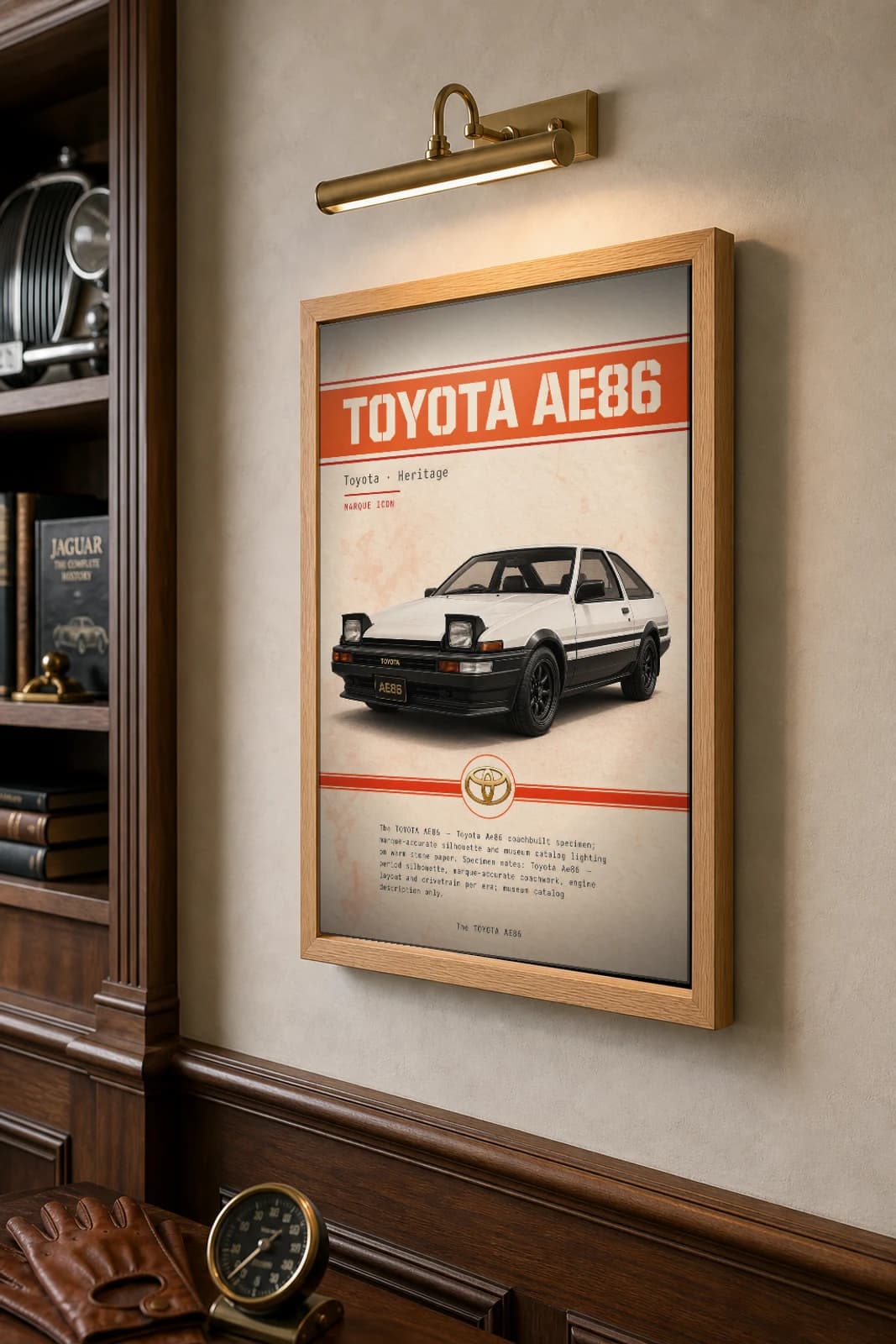 Toyota Sprinter Trueno AE86 Poster — 1983 sports car wall art · framed A2 · garage decor — the framed print shown at a three-quarter angle on a styled gallery wall in a natural-oak frame