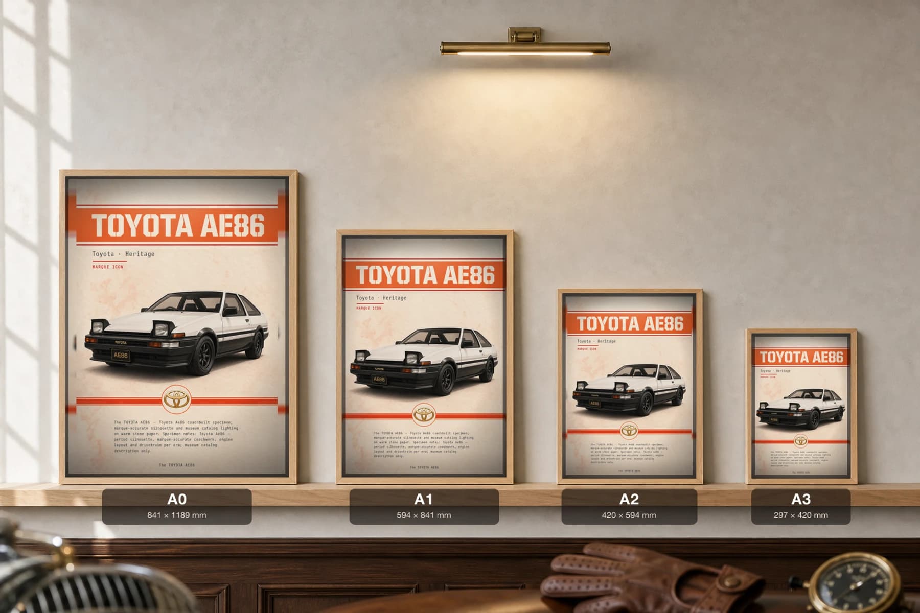 Toyota Sprinter Trueno AE86 Poster — 1983 sports car wall art · framed A2 · garage decor — print size guide showing the artwork at A0, A1, A2 and A3 in natural-oak frames at true relative scale