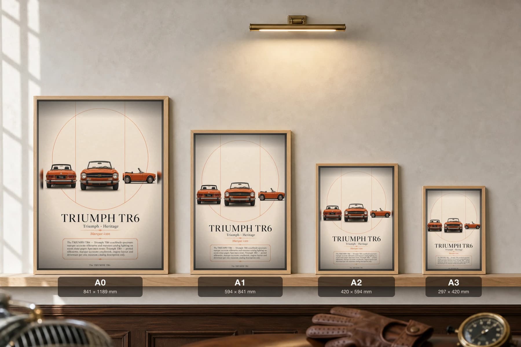 Triumph TR6 Poster — 1969 roadster wall art · framed A2 · garage decor — print size guide showing the artwork at A0, A1, A2 and A3 in natural-oak frames at true relative scale