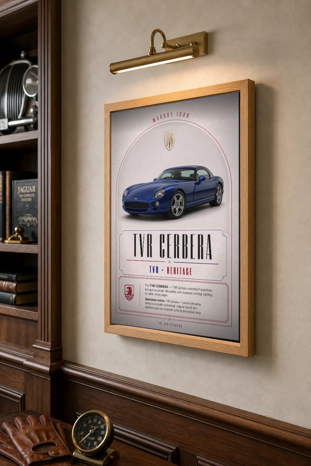 TVR Cerbera Poster — 1996 sports car wall art · framed A2 · garage decor — the framed print shown at a three-quarter angle on a styled gallery wall in a natural-oak frame