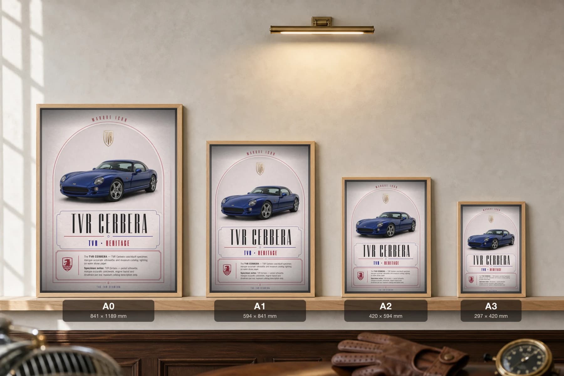 TVR Cerbera Poster — 1996 sports car wall art · framed A2 · garage decor — print size guide showing the artwork at A0, A1, A2 and A3 in natural-oak frames at true relative scale