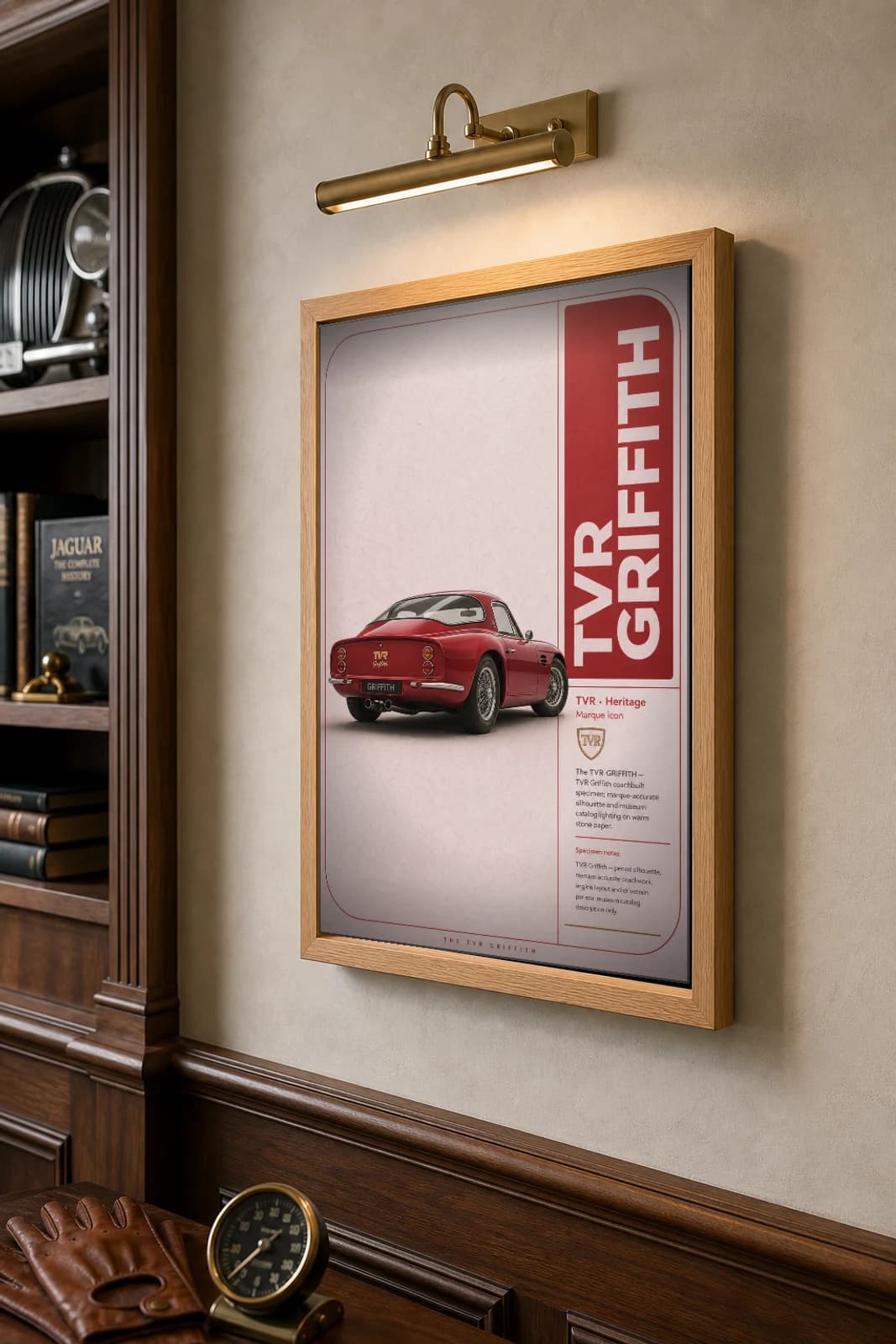 TVR Griffith Poster — 1991 sports car wall art · framed A2 · garage decor — the framed print shown at a three-quarter angle on a styled gallery wall in a natural-oak frame