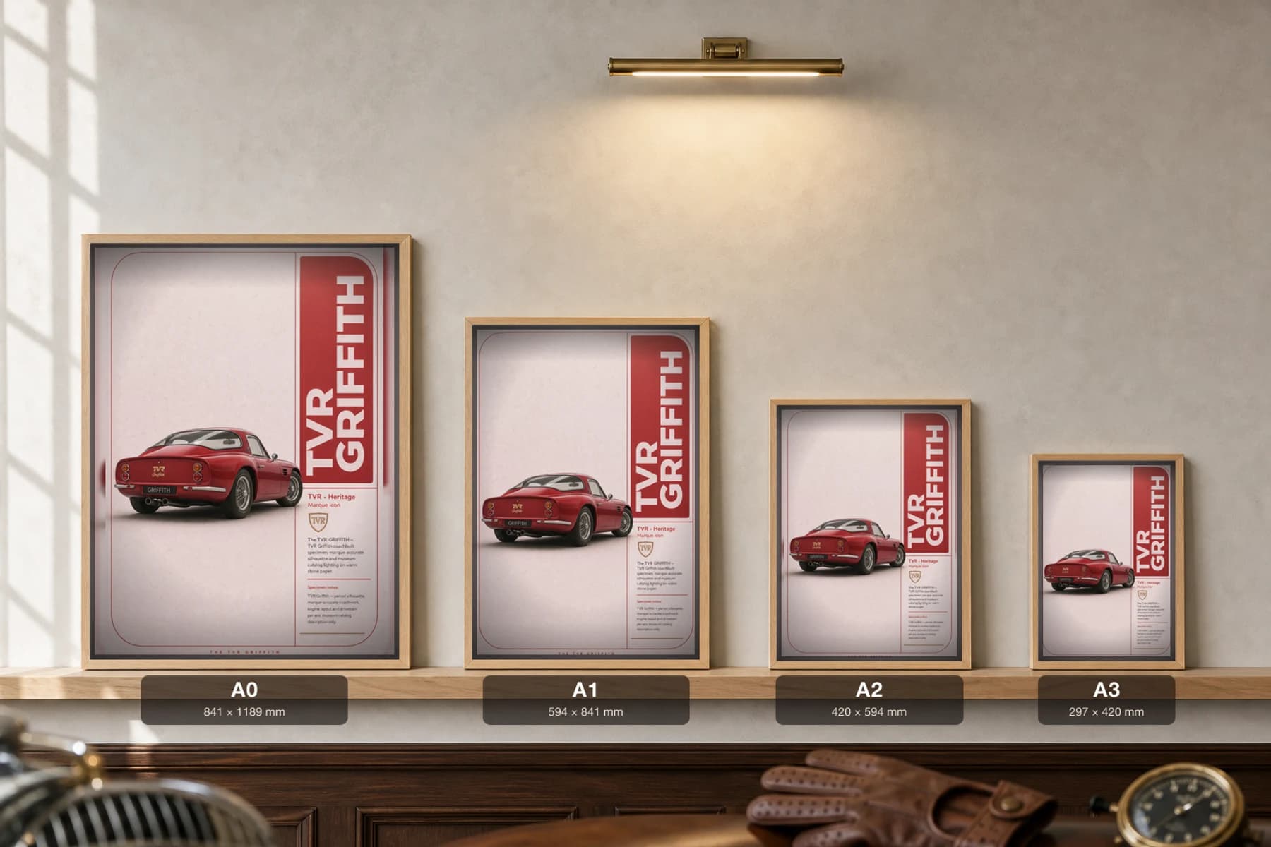 TVR Griffith Poster — 1991 sports car wall art · framed A2 · garage decor — print size guide showing the artwork at A0, A1, A2 and A3 in natural-oak frames at true relative scale