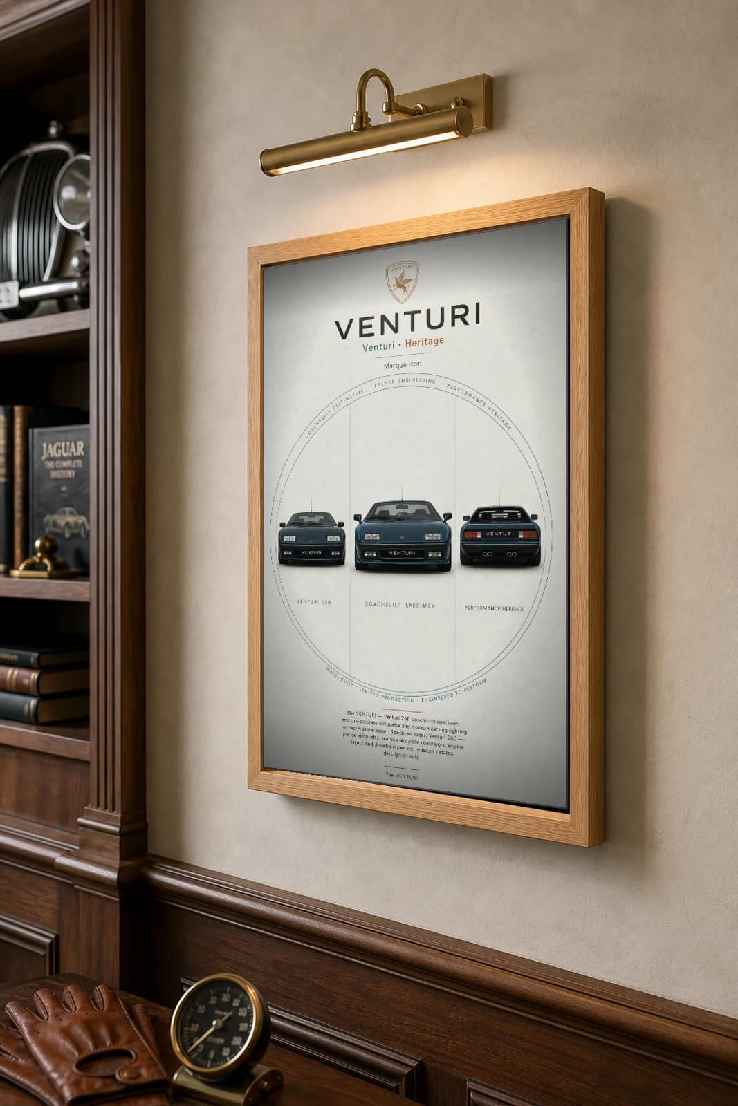 Venturi 260 Poster — 1989 sports car wall art · framed A2 · garage decor — the framed print shown at a three-quarter angle on a styled gallery wall in a natural-oak frame