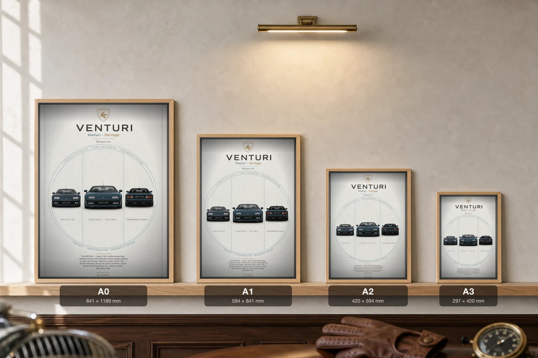 Venturi 260 Poster — 1989 sports car wall art · framed A2 · garage decor — print size guide showing the artwork at A0, A1, A2 and A3 in natural-oak frames at true relative scale
