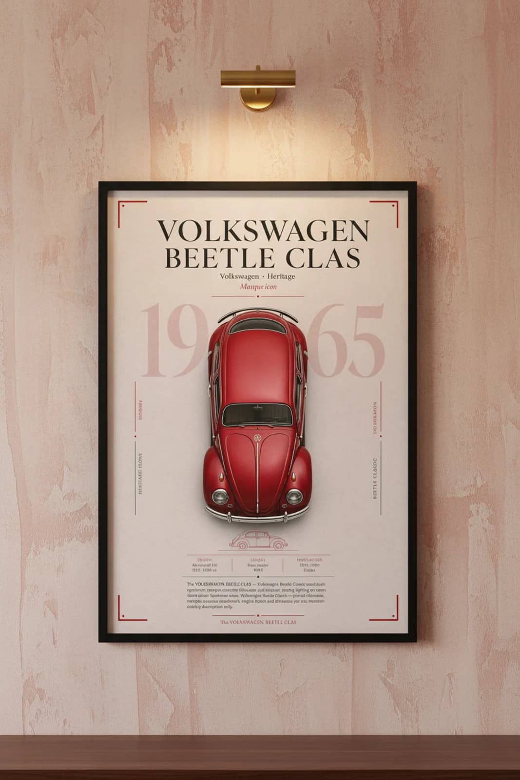 Beetle Classic poster in black A2 frame on cherry-red lime-wash wall — Heritage Icons collector lounge mockup