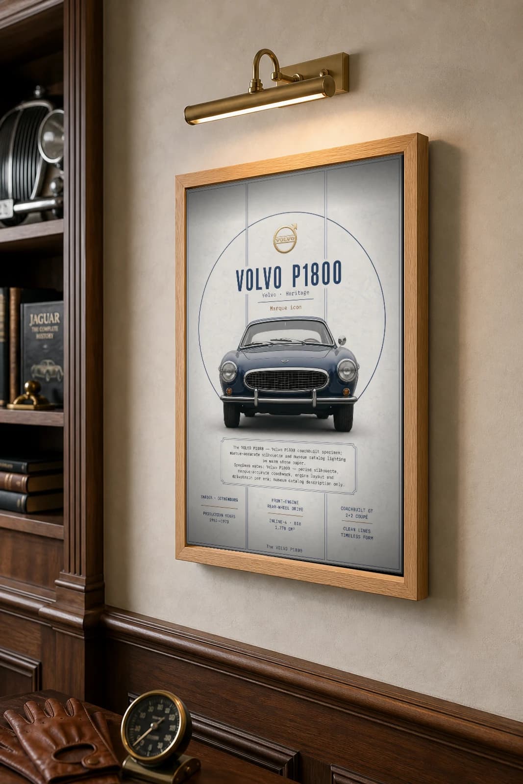 Volvo P1800 Poster — 1961 sports car wall art · framed A2 · garage decor — the framed print shown at a three-quarter angle on a styled gallery wall in a natural-oak frame
