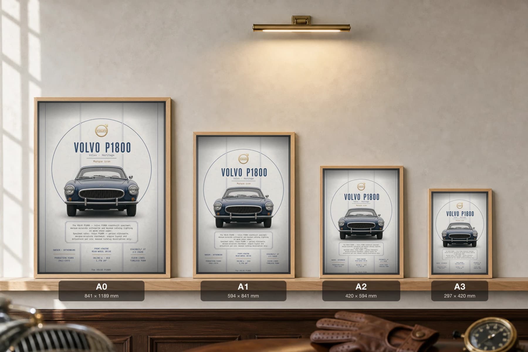 Volvo P1800 Poster — 1961 sports car wall art · framed A2 · garage decor — print size guide showing the artwork at A0, A1, A2 and A3 in natural-oak frames at true relative scale