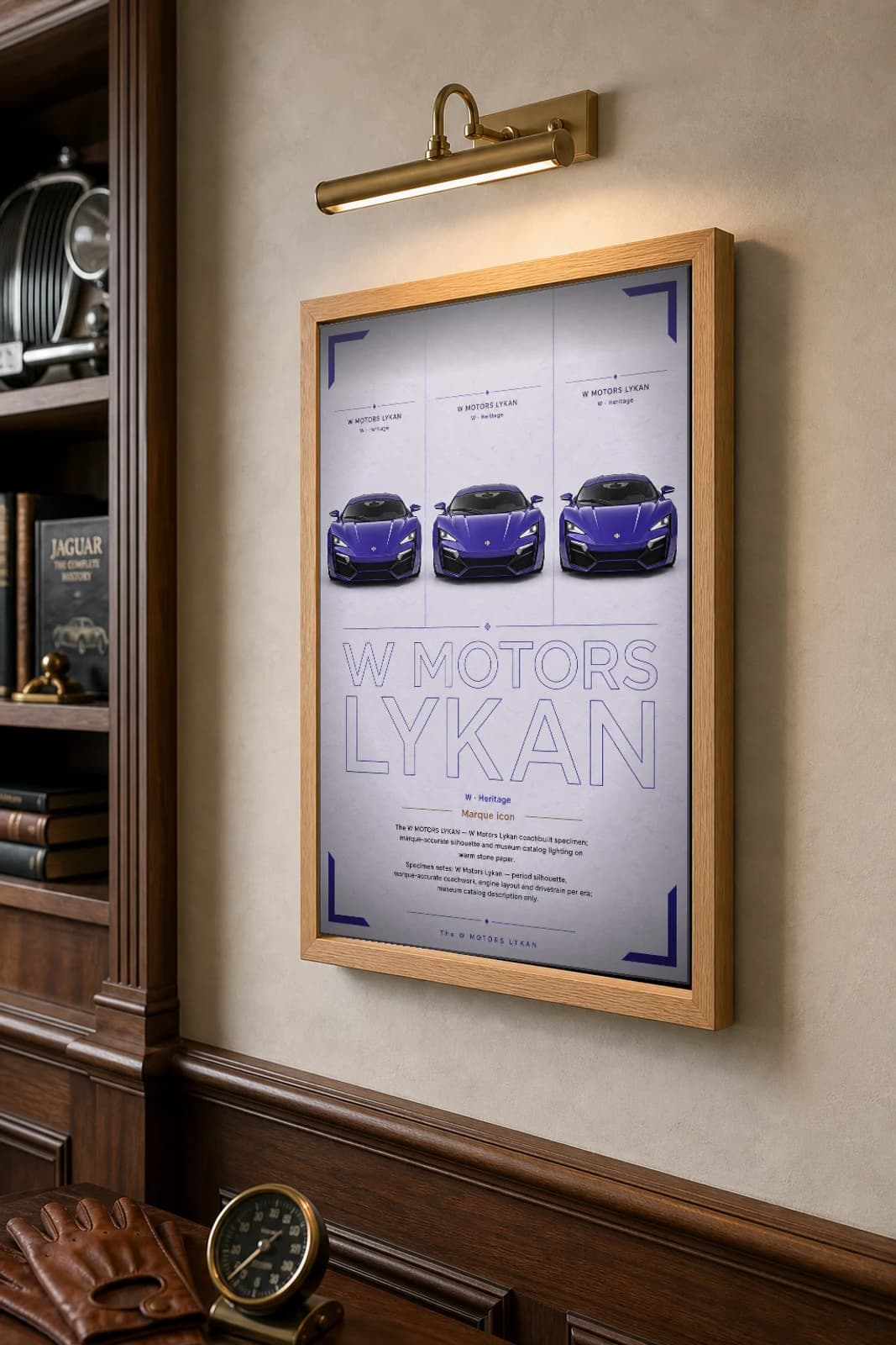 W Motors Lykan HyperSport Poster — 2013 hypercar wall art · framed A2 · garage decor — the framed print shown at a three-quarter angle on a styled gallery wall in a natural-oak frame